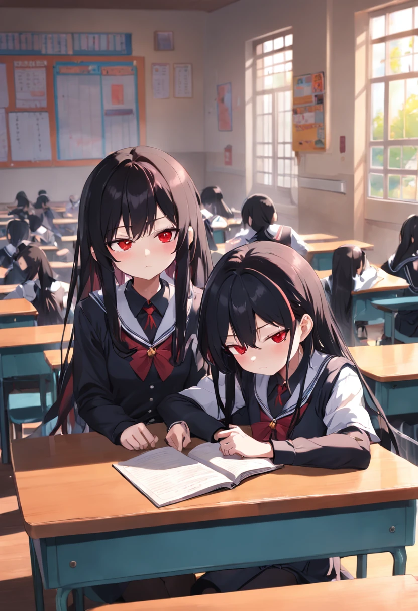 Long black and red hair of anime girl sitting in classroom in school uniform，Sleep on the table，At the same table was short black hair，Short hair anime boy in school uniform，Two high school students had a stack of books in front of them，The sun is shining outside the window,