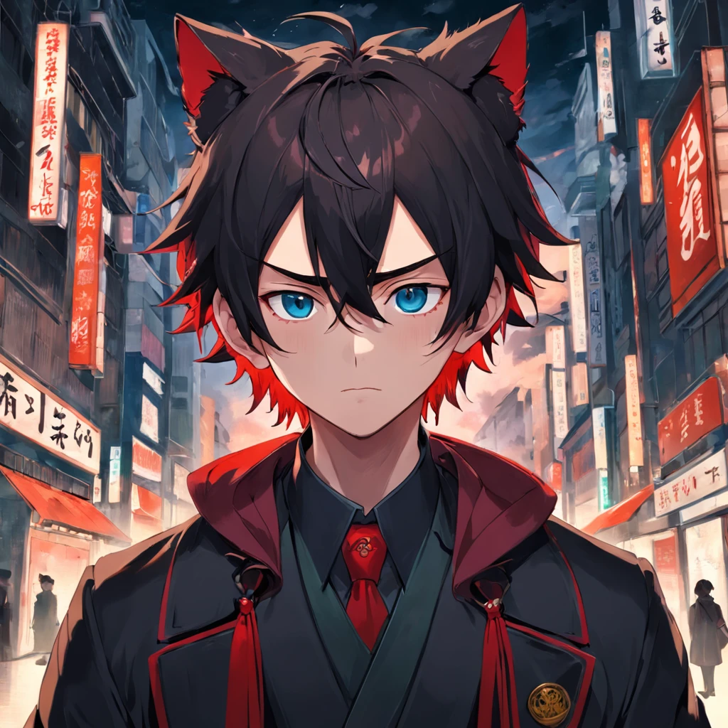 Inspired by Bian Shoumin,(Masterpiece, the best quality), A boy with,green pupills,Brownish red hair,The corners of the mouth are slightly raised,Be red in the face,-yeld madressed in a black coat,Blackn clothes,Wear a hat on a coat,A blue tie,Put your hands in your pockets,Right in front of us,Cute and handsome Japanese painting style,quadratic element,The background is bluish,Only half of the body is exposed,Sunny and handsome,head portrait