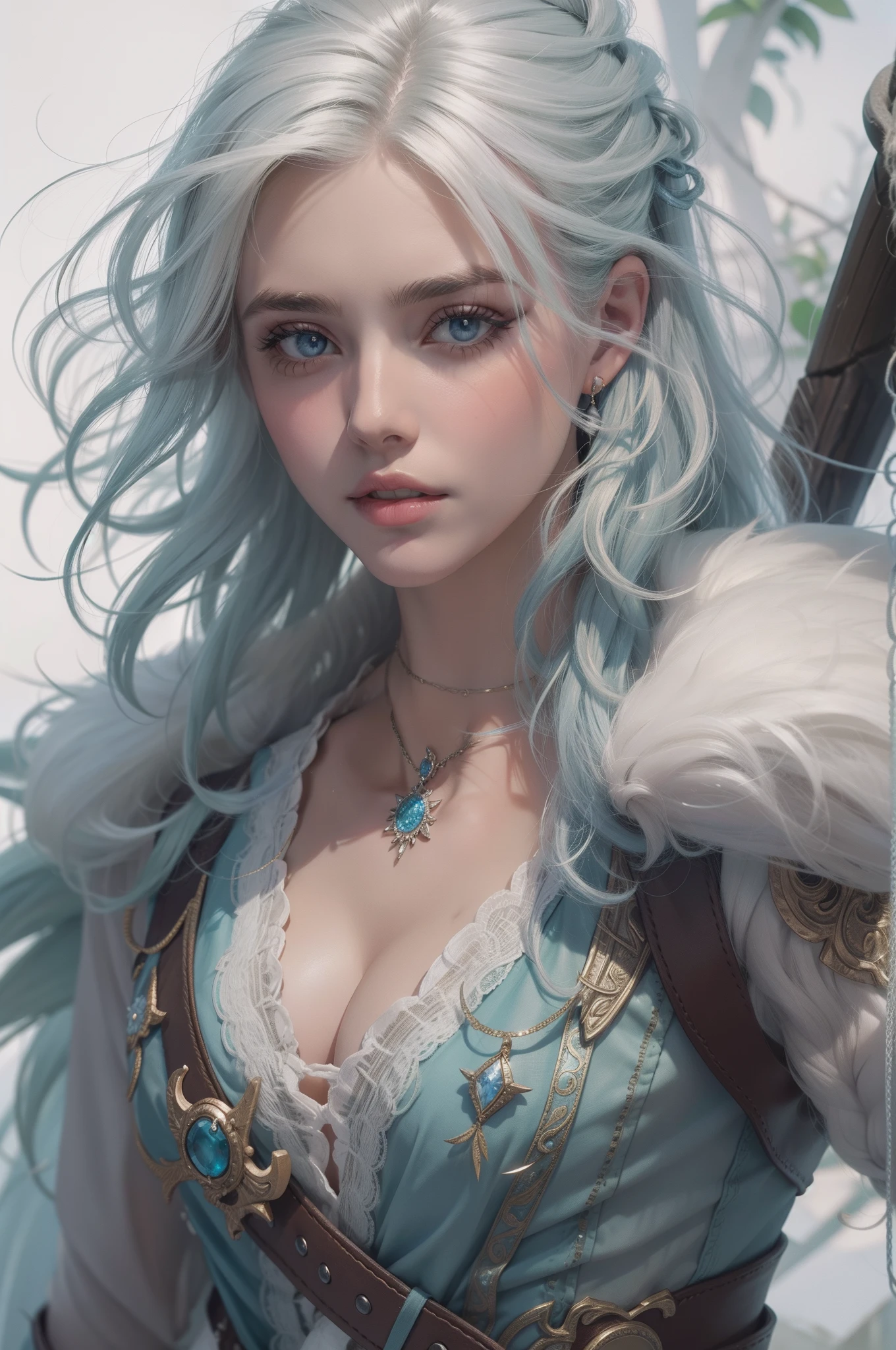 Mulher que lembra a Ciri de The Wicther, com longos cabelos brancos e olhos azuis brilhantes, vestindo roupa casual, seus cabelos chicoteando seu rosto com o vento
