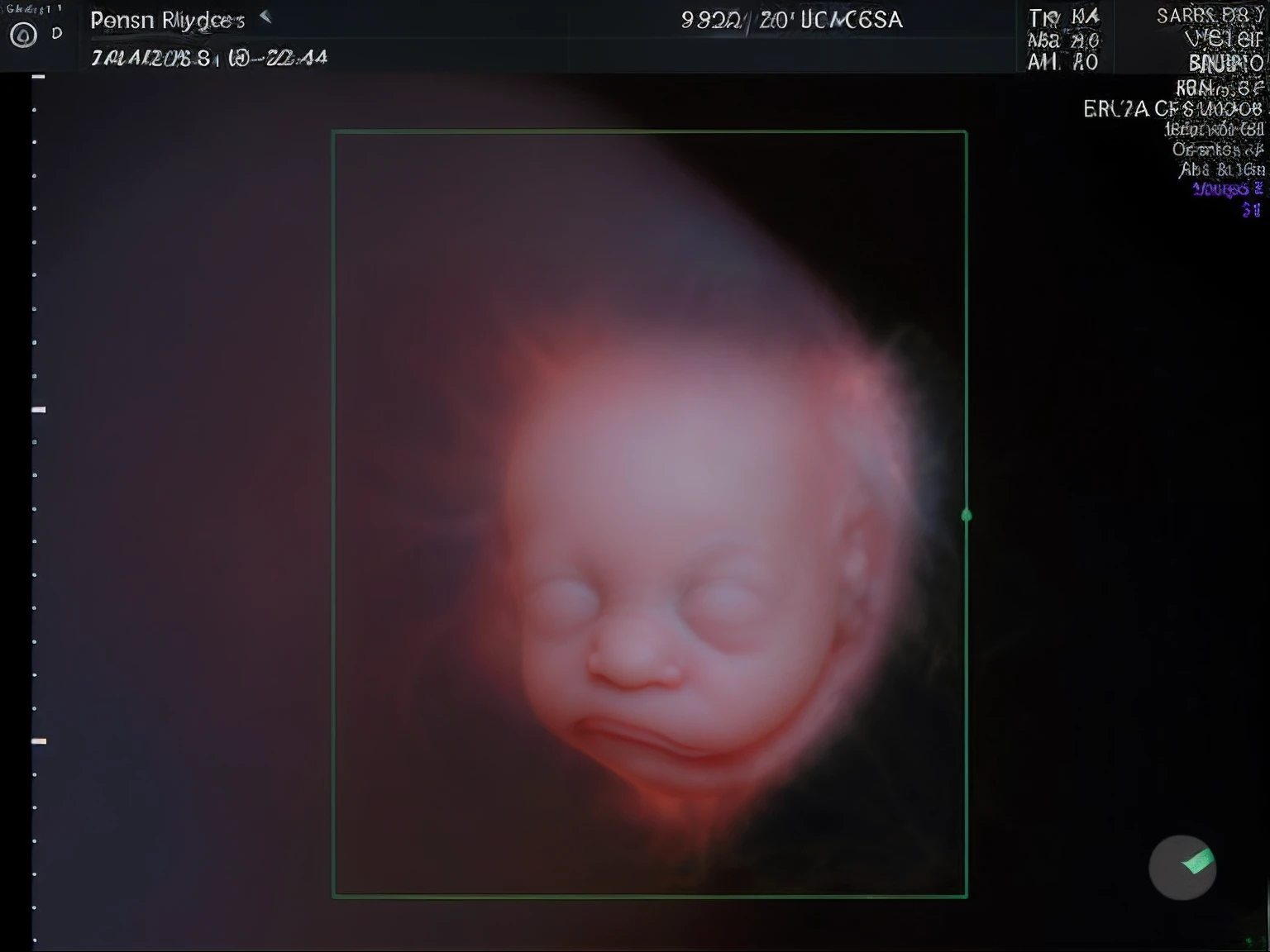 Enhance this 4D ultrasound image of a 22 weeks fetus. Arafed image of a 's face, fetus, high-resolution scan, Very chromatic aberration, extremely high-quality scan, Hyper-realistic simulation, high-quality scan, Bump mapping, High-quality 3D realism, simetry! human fetus, Realistic flesh texture, Heavy JPEG artifact blurred, Highly realistic bump mapping, high-resolution scan. A close-up image of a head with an image of a 22 weekgh-resolution scan, high-resolution scan, Escaneo 4K, Escaneo 4K, Escaneo HD, fetus, Cerrar - IP shot, Tapa de pantalla, Medical imaging, Highly coherent image, Detailed analysis, screen capture, extremely high-quality scan, 8K scan, 8K scan, Detailed screen capture. face in profile. eyes closed