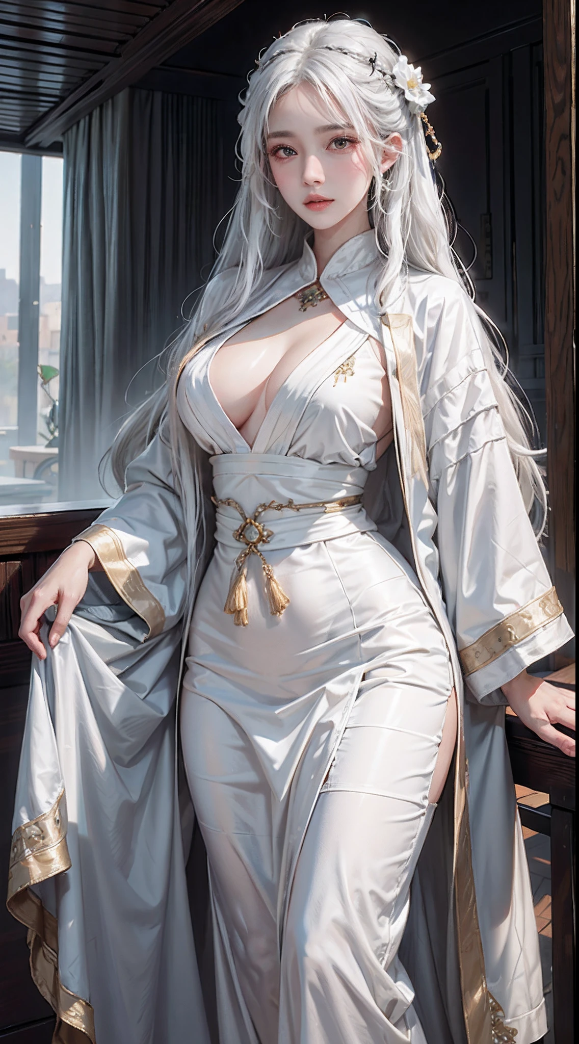 photorealistic, high resolution, soft light,1women, solo, hips up, look at viewer, (detailed face), white hair, long hair, Taoist robe,oversized clothes, jewelry