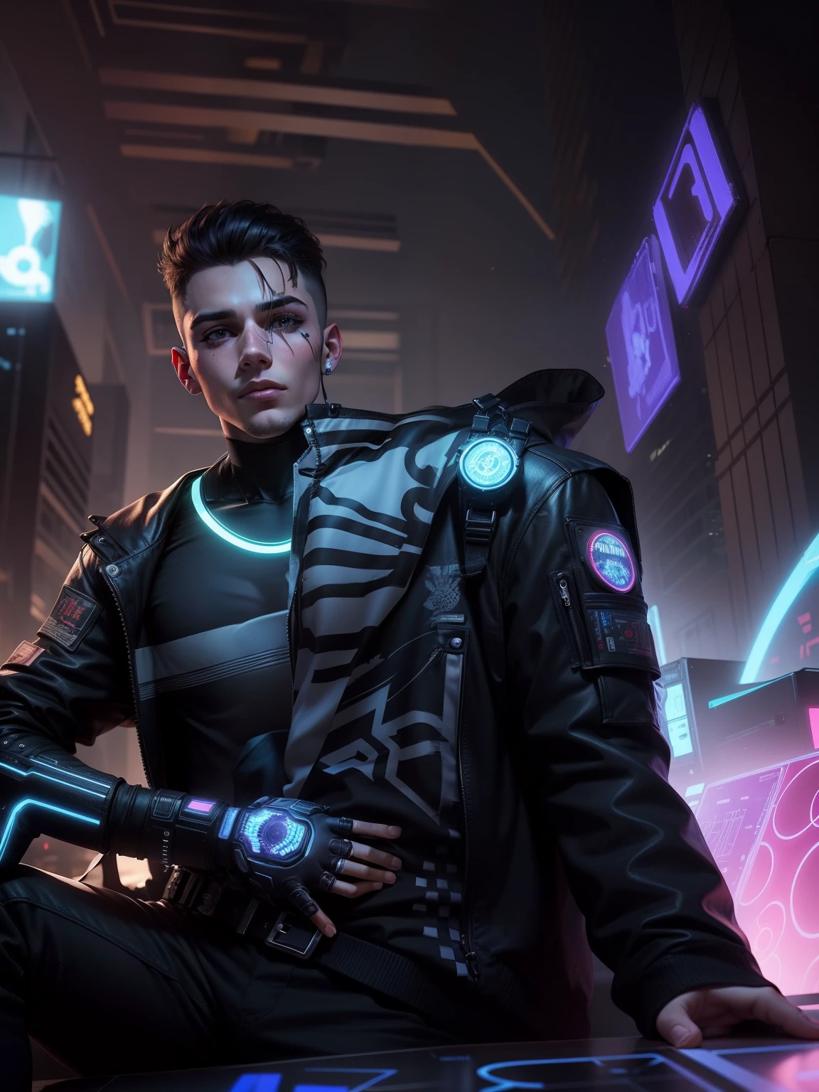 Change background cyberpunk handsome boy, realistic face, 8k, ultra realistic, cute little boy,
Real face, neon,