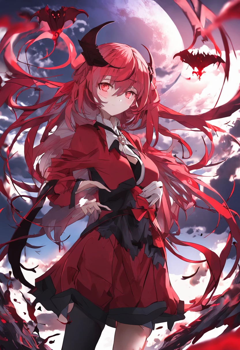 animemanga girl，red hair，Black wings，above the mountains，demon anime girl，Blood Moon praise，Emphasize the tearing feeling，blood moon background，Redhead eyes，Demon Girl，Remilia，Overlord magician