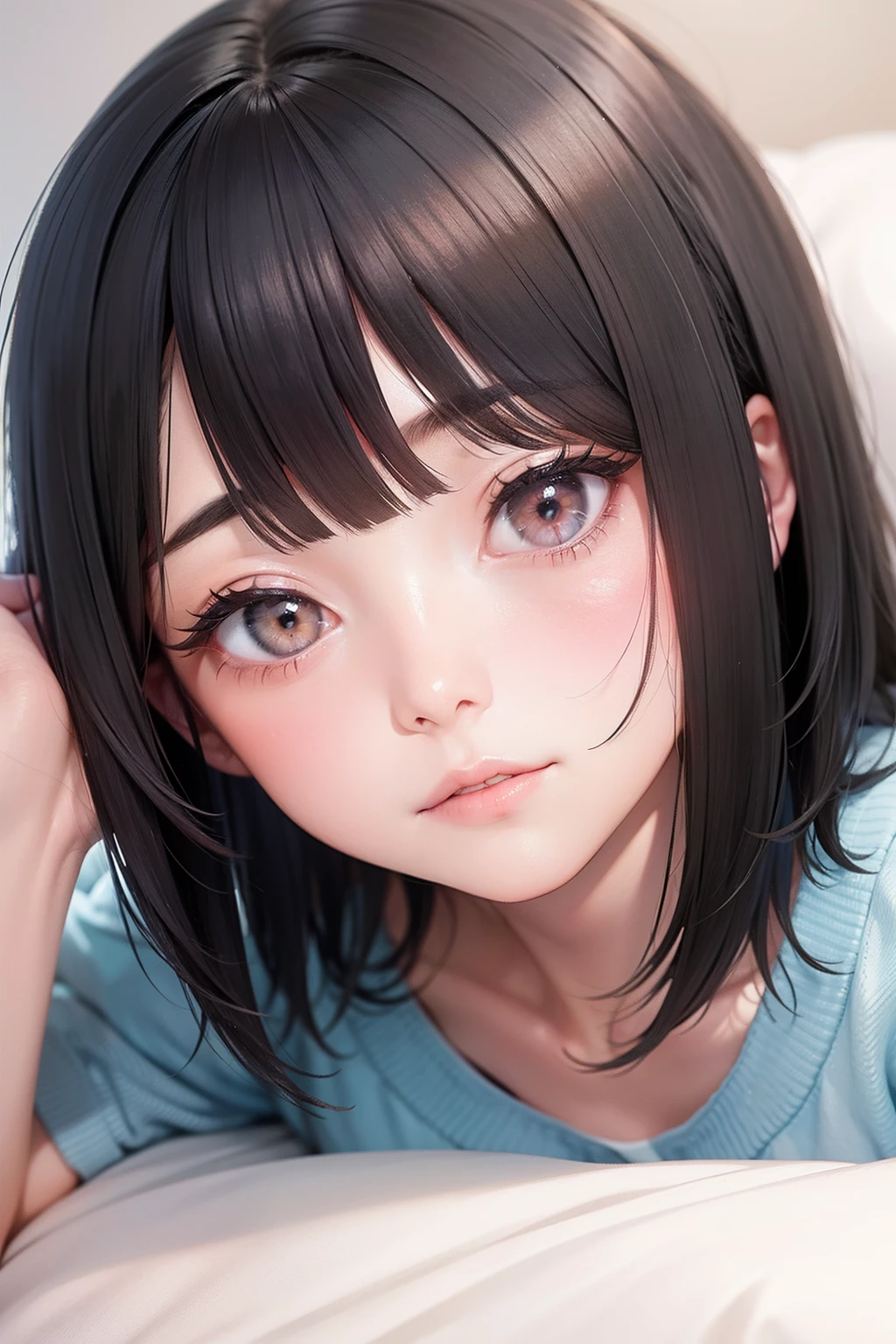 Photo Real、photoRealstic、独奏、girl1、full screen face、Sideways view A dark-haired、short-hair、Blunt bangs、Untidy hair、dishevled hair drooing eyes Faces close、Bring your face closer、Face Close-up、Close distance、Sleep with your body on your side、Look here Background with、In the futon、PILLOWS