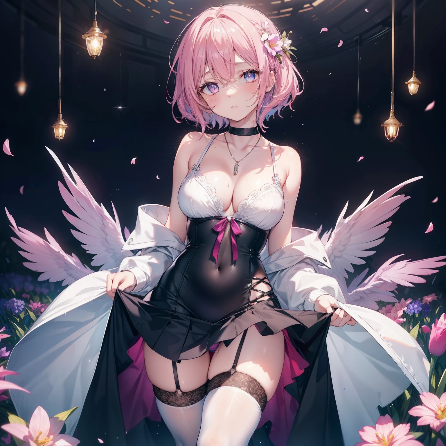 Lace lace panties,suspender stockings,cleavage,brassier,navel,Sexual suggestiveness,Loves,,lacepantyhose,Thin leg,slimfigure,perspire,pantiess,lifting up skirt,Open breasts,Open thighs,Kizi, Beautiful detailed eyes, pink short hair, Blue clear eyes, , High white stockings, Vivid, flower, daffodil, Hyacinth, Falling petals, , High contrast, ((Masterpiece, Best quality)), Cinematic light,,best qualtiy, tmasterpiece, A high resolution, 1girl,, hair adornments, choker necklace, jewely, beauitful face, upon_body,,Characteristic pupils,Purple pupils,cloaks,thigh gap,normal breast,Women in the workplace,OL,Mature and steady,Computer monitor,Office girl,,White transparent T-shirt,Pink low chicken heart C cup,A short skirt with beige hips on the bottom,Supple skin,Lovely charming round face,Very detailed,exquisite collarbone,Sapphire necklace,Charming figure with bare shoulders, Real rain, Wet hair,.. --