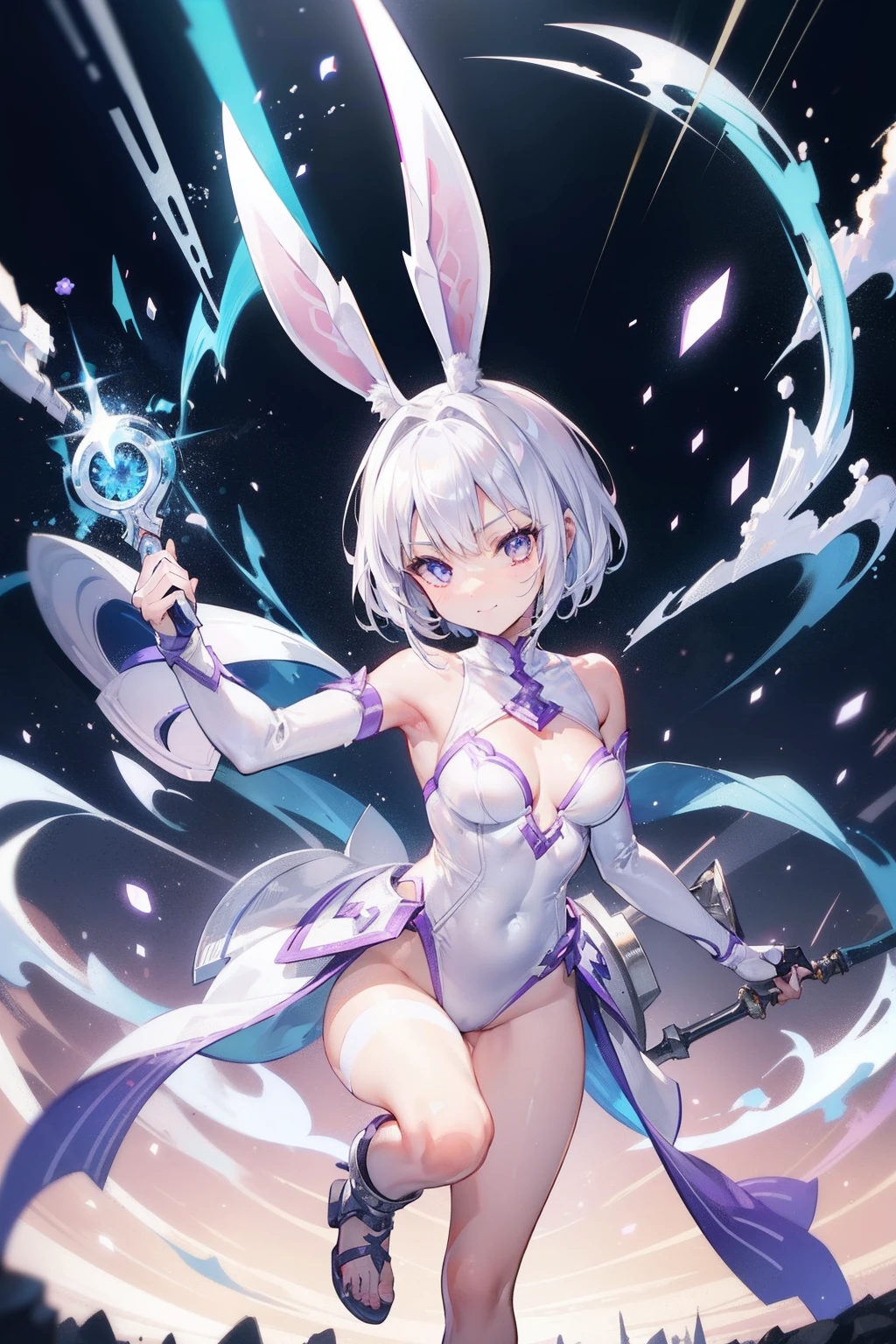 (white bunny ears),(lilac eyes),(silver buikini armor),(naive smile),(short hair),(((female character))),(day),(holding a battle axe),( tanned skin tone),(silver hair),(Beautiful face 8k),(ground),(viewers),(lit environment),(particles in the air),((speed)), hand-drawn anime style, dynamic, full body, animation quality, anime icon, looking at camera from face, 8k, full length, best background, masterpiece, awesome titles, ultra HD, insane title, perfect hands