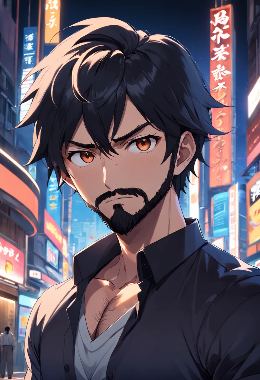 anime boy, forelock combed to the left, black hair, oval face, black beard and mustache, well-groomed beard, hair on the sides shaved in the machine 02, social black shirt, arms crossed, muscular, facing the camera, photo taken from the front, face forward, brown eyes, medium thin nose, pixar 3d style
