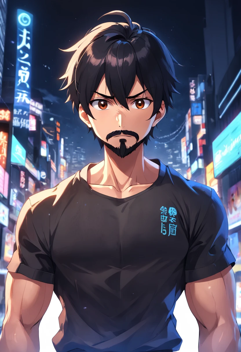 anime boy, forelock combed to the left, black hair, oval face, black beard and mustache, well-groomed beard, hair on the sides shaved in the machine 02, social black shirt, arms crossed, muscular, facing the camera, photo taken from the front, face forward, brown eyes, medium thin nose, pixar 3d style