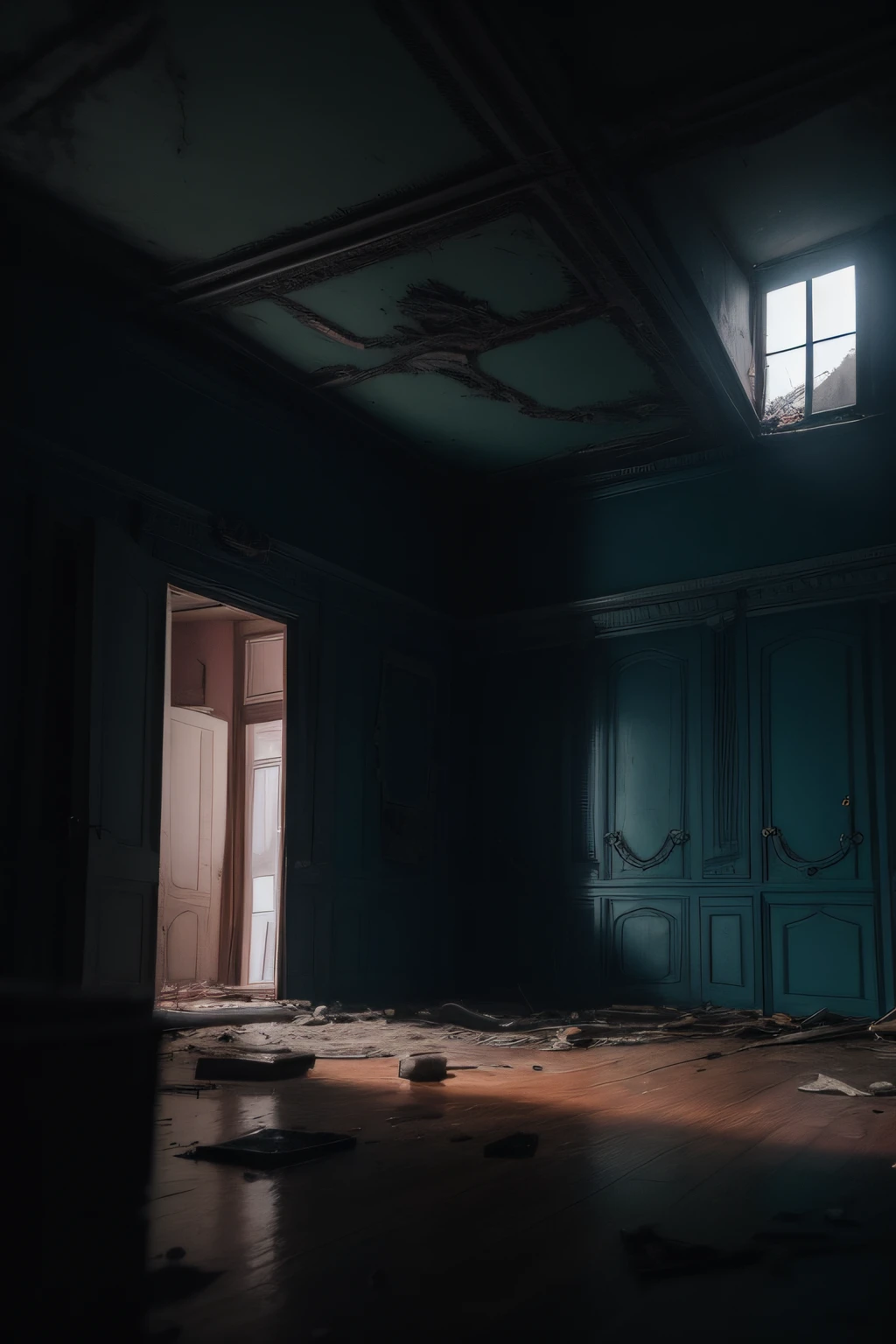 Quarto Arafed com um lustre e uma janela, Quarto abandonado liminar assombrado, Sala de Pressentimento, quarto misterioso, room of a dark mansion, an old abandoned mansion, inside a haunted destroyed house, room with eerie feeling, em uma casa antiga. hyper realistic, Quarto fantasma, interior da casa abandonada, interior da casa assombrada, em uma casa abandonada e desolada.arte digital 4k altamente detalhada, Bela arte UHD 4K, 8k arte detalhada de alta qualidade, arte digital 4k detalhada, Arte 8K impressionante, fotografia
