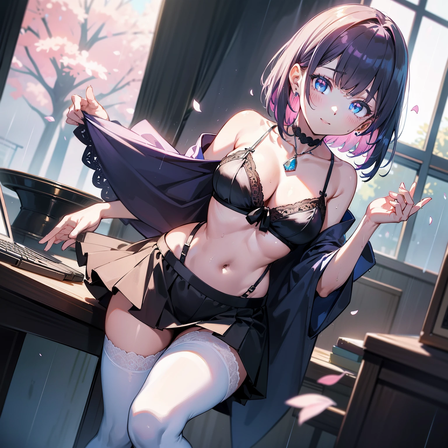 Lace lace panties,suspender stockings,cleavage,brassier,navel,Sexual suggestiveness,Loves,,lacepantyhose,Thin leg,slimfigure,perspire,pantiess,lifting up skirt,Open breasts,Open thighs,Kizi, Beautiful detailed eyes, pink short hair, Blue clear eyes, , High white stockings, Vivid, flower, daffodil, Hyacinth, Falling petals, , High contrast, ((Masterpiece, Best quality)), Cinematic light,,best qualtiy, tmasterpiece, A high resolution, 1girl,, hair adornments, choker necklace, jewely, beauitful face, upon_body,,Characteristic pupils,Purple pupils,cloaks,thigh gap,normal breast,Women in the workplace,OL,Mature and steady,Computer monitor,Office girl,,White transparent T-shirt,Pink low chicken heart C cup,A short skirt with beige hips on the bottom,Supple skin,Lovely charming round face,Very detailed,exquisite collarbone,Sapphire necklace,Charming figure with bare shoulders, Real rain, Wet hair,.. --