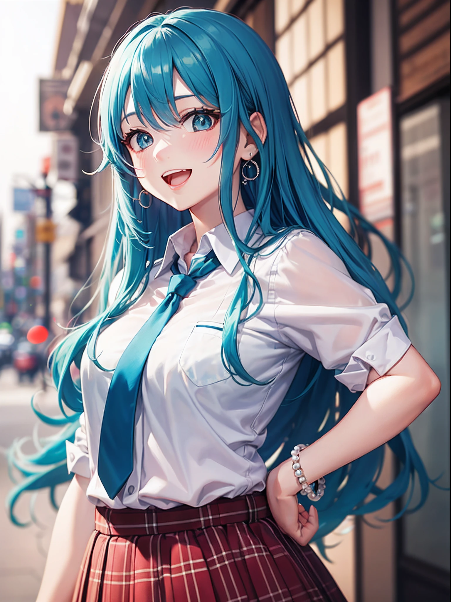 4K, masterpiece, high-definition, more absurd, natural volumetric lighting and best shadows, deep depth of field, sharp focus, soft, delicate, beautiful attractive face, sponge doll, anime style, kitagawa marine, 1girl, :d, torso, pearl bracelet, pearls, black tie, (blue aqua hair) , blue skirt, blush, bracelet, hand on your own hip, jewelry, long flowing hair, look viewer, tie, open mouth, checker, plaid skirt, blue eyes, school uniform, shirt,  outdoor, skirt, smile, solo, standing, white background, white shirt,