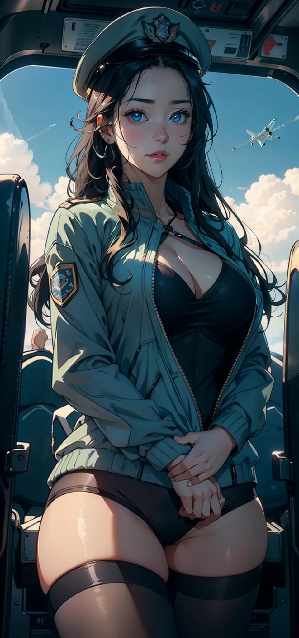 1female,35yo,plumw,extremely large bosom, 独奏,(Background with:aerodrome,Planes,snow mountains,at winter season,Snow on the ground,exteriors,) She has long black hair,Standing in an airplane,,seen from the front, hair straight, mostly cloudy sky,(((tmasterpiece),(Very detailed CG unity 8K wallpaper),best qualtiy,cinmatic lighting,detailed back ground,beatiful detailed eyes,Bright pupils,Blue eyes,(Very fine and beautiful),(Beautiful and detailed eye description),ultra - detailed,tmasterpiece,)),facing at camera,A high resolution,ultra - detailed),revealing breasts,Bare genitalia, Bulge,legs are open,Raised sexy,Camel toes,Flushed complexion,Desire for dissatisfaction,frontage,Aviator,Officer's cap(Wearing:Dark green bomber jacket,Black pantyhose)