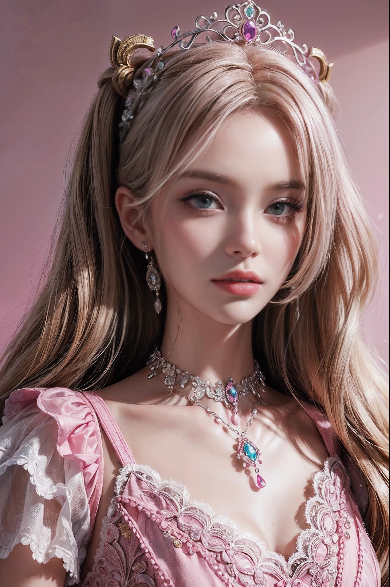 ((masterpiece, best quality)), intricate details, （Barbie pink background）），barbiecore，A princess，cabellos largos dorados，Kizi，delicated face