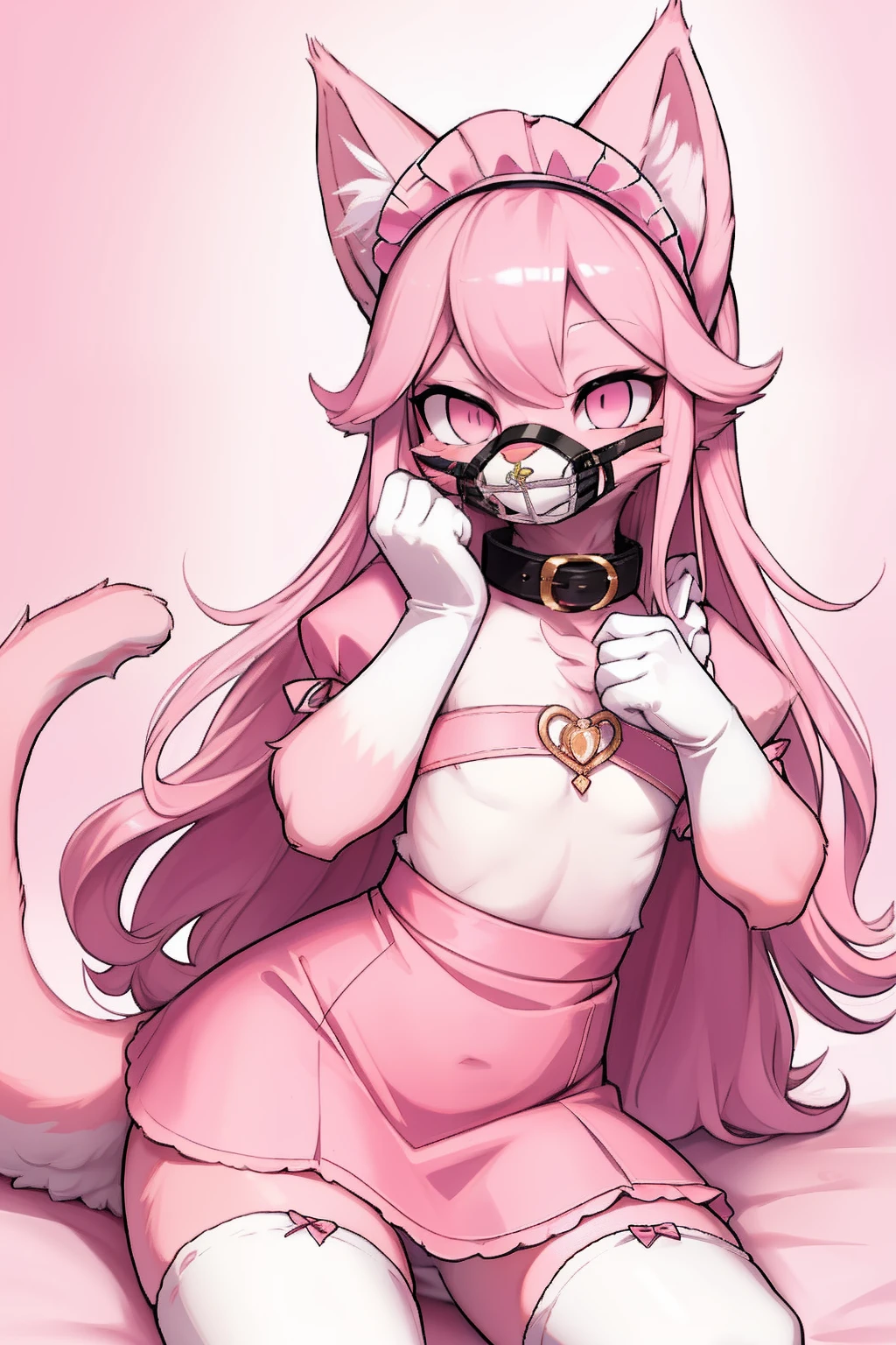 Master piece, perfect, highly detailed, (little hibryd anthro cat femboy), fluffy pink fur, ((pink eyes)), ((1))fluffy cat tail, pink long hair, tiny chest, (pink cat ears), wearing a pink collar, pink maid dress, silk white gloves, silk white thighhigh socks, wearing a pink muzzle, truemuzzle, eyesgod, niji, eyesgod, niji,