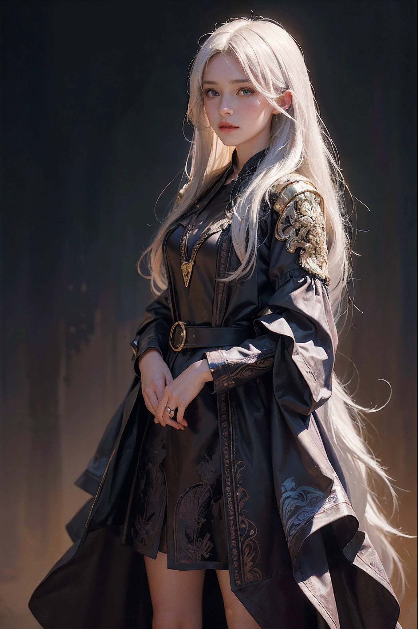 Hyperrealist portrait of female by david hockney and alphonse mucha,fantasy art, photo realistic, dynamic lighting, artstation, poster, volumetric lighting, very detailed faces, 4 k, award winning,, 1girl, in the dark, deep shadow, low key,cowboy shot,(official clothing:1.4) ,long hair,white hair,