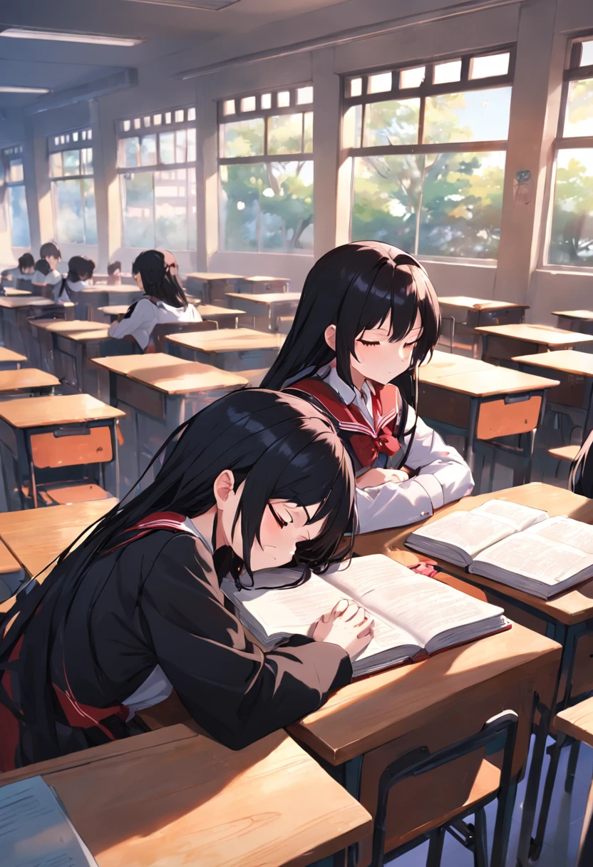 Long black and red hair of anime girl sitting in classroom in school uniform,Crawl on the table and fall asleep,At the same table is an anime boy with short black hair,Two high school students had a stack of books in front of them,The sun is shining outside the window,Location by the window