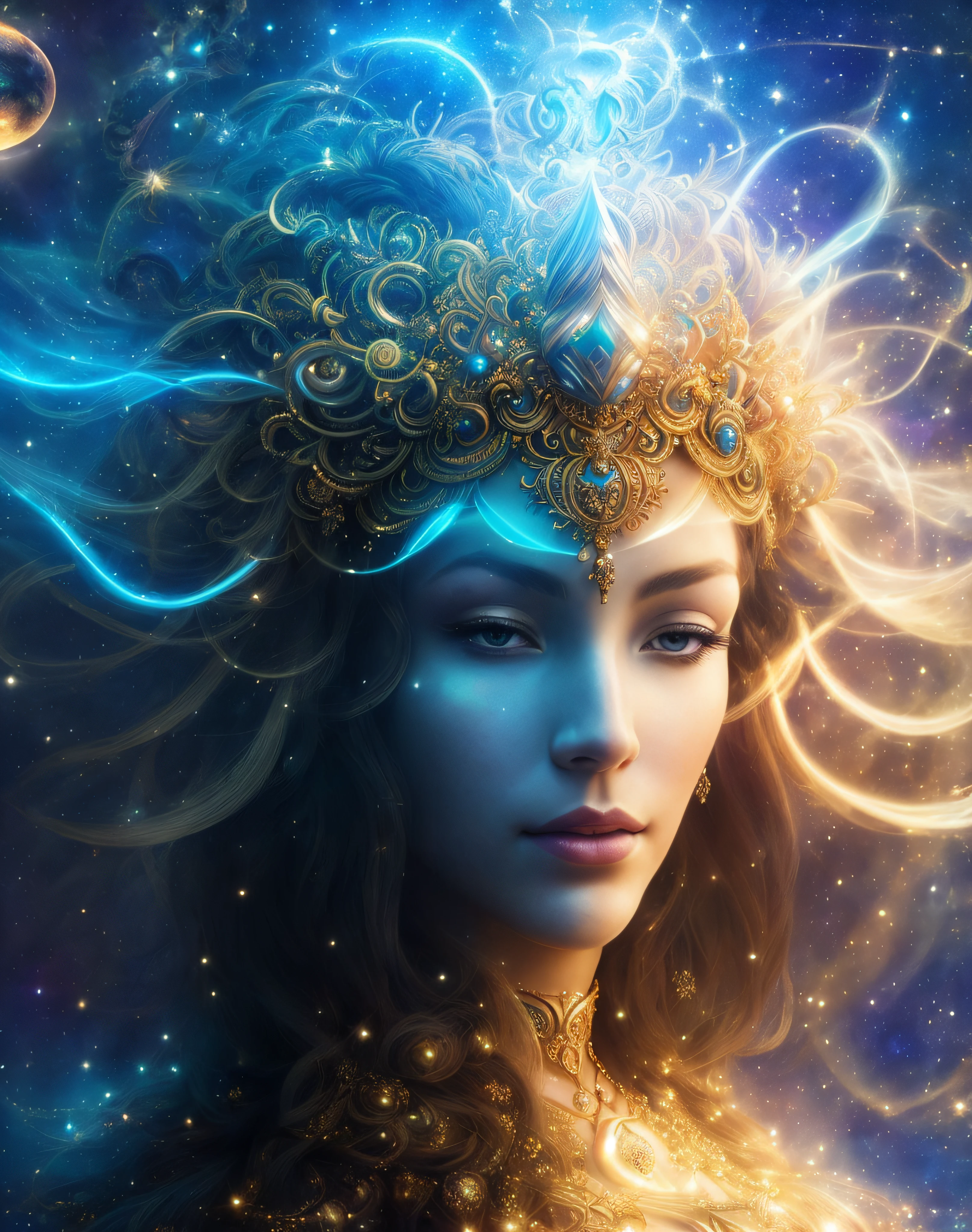 a woman with a crown on her head and a glowing halo, a stunning portrait of a goddess, portrait of a beautiful goddess, goddess. extremely high detail, portrait of a cosmic goddess, goddess portrait, beautiful celestial mage, goddess close-up portrait, goddess of space and time, gorgeous goddess of leo, a beautiful fantasy empress, fantasy woman, celestial goddess