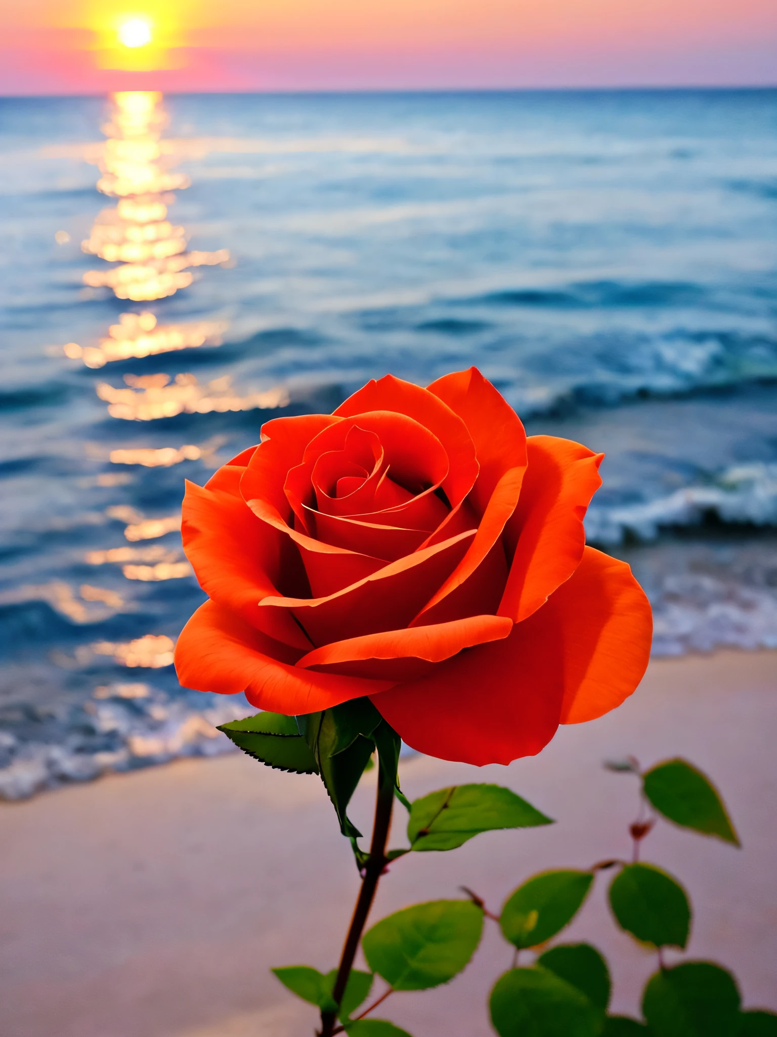 Close-up shot, a rose flower, the background is the gorgeous sunset by the sea, real texture, warm