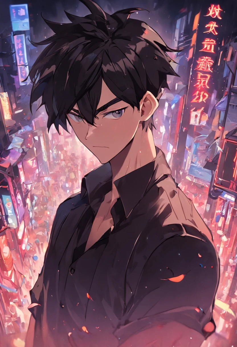 anime boy, forelock combed to the left, black hair, oval face, black beard and mustache, well-groomed beard, hair on the sides shaved in the machine 02, social black shirt, arms crossed, facing the camera, photo taken from the front, face forward, brown eyes, medium thin nose, pixar 3d style