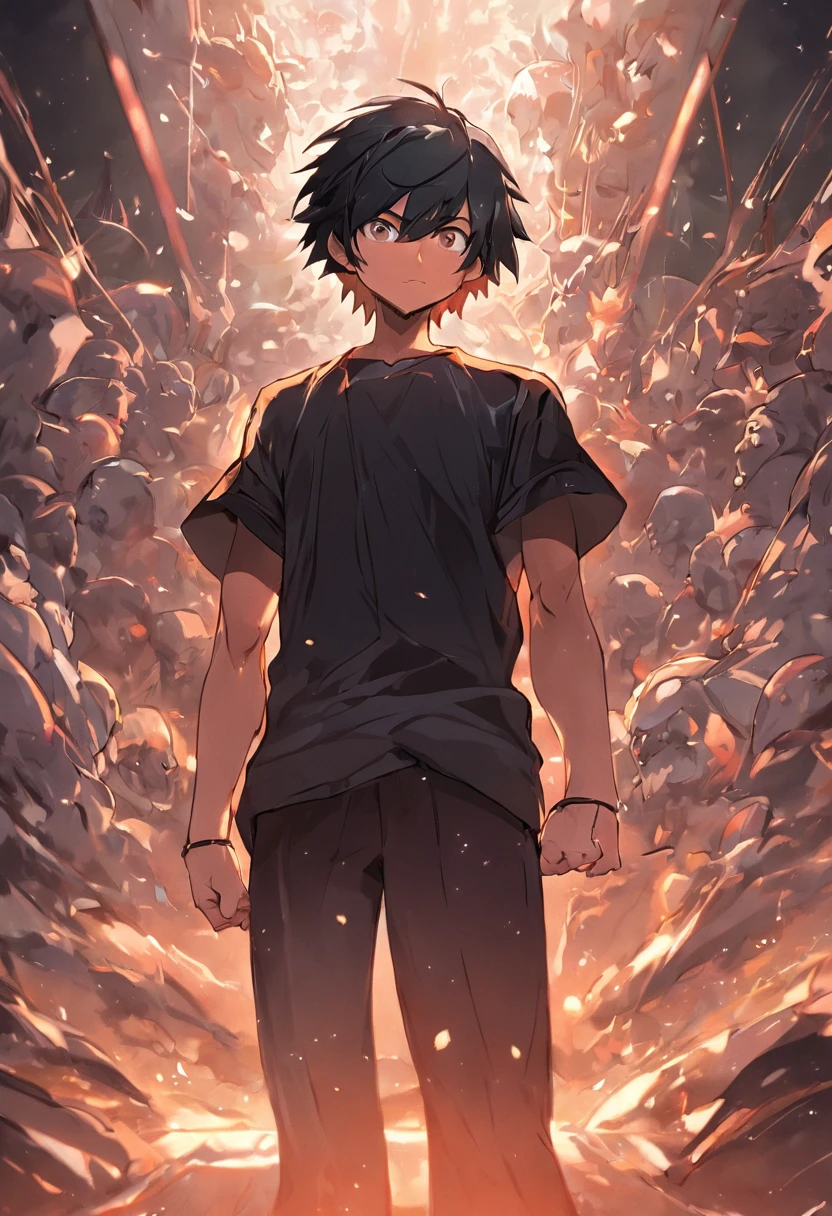 anime boy, forelock combed to the left, black hair, oval face, black beard and mustache, well-groomed beard, hair on the sides shaved in the machine 02, social black shirt, arms crossed, facing the camera, photo taken from the front, face forward, brown eyes, medium thin nose, pixar 3d style