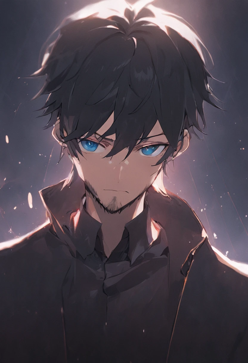 anime boy, forelock combed to the left, black hair, oval face, black beard and mustache, well-groomed beard, hair on the sides shaved in the machine 02, social black shirt, arms crossed, facing the camera, photo taken from the front, face forward, brown eyes, medium thin nose, pixar 3d style
