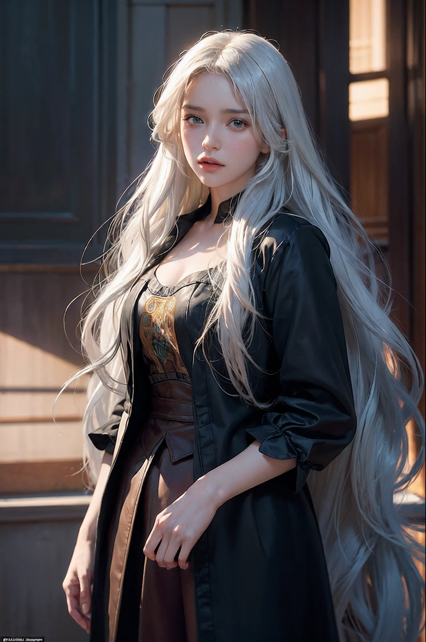 Hyperrealist portrait of female by david hockney and alphonse mucha,fantasy art, photo realistic, dynamic lighting, artstation, poster, volumetric lighting, very detailed faces, 4 k, award winning,, 1girl, in the dark, deep shadow, low key,cowboy shot,(official clothing:1.4) ,long hair,white hair,