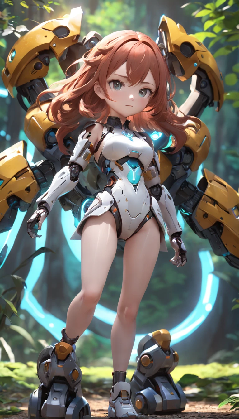 (Highly detailed CG Unity 16K wallpaper:1.1), (Denoising strength: 1.45), (tmasterpiece:1.37), Side lighting, Lifelike texture, redhead woman, from behind, Watch the enchanted forest get darker and darker, cute-style, Small, Big head, ((Q version)), pokemon style, Machine Style, cinematic texture, Figure, Pokémon, movie lights, Heavy Robot Arm, Mechanical belly, mechanical legs, mechanical legs, Mechanical feeling, Background Surround Lightning, spinning, Colorful lightning, Cool, Clean white background, Premium Color, Full Body 3D Model, action, Fashion Blind Box Toys. (Filled body:1.2), Chibi, 3D Rendering, Ray tracing, god rays, spark of light, Glowing light, nffsw, awardwinning