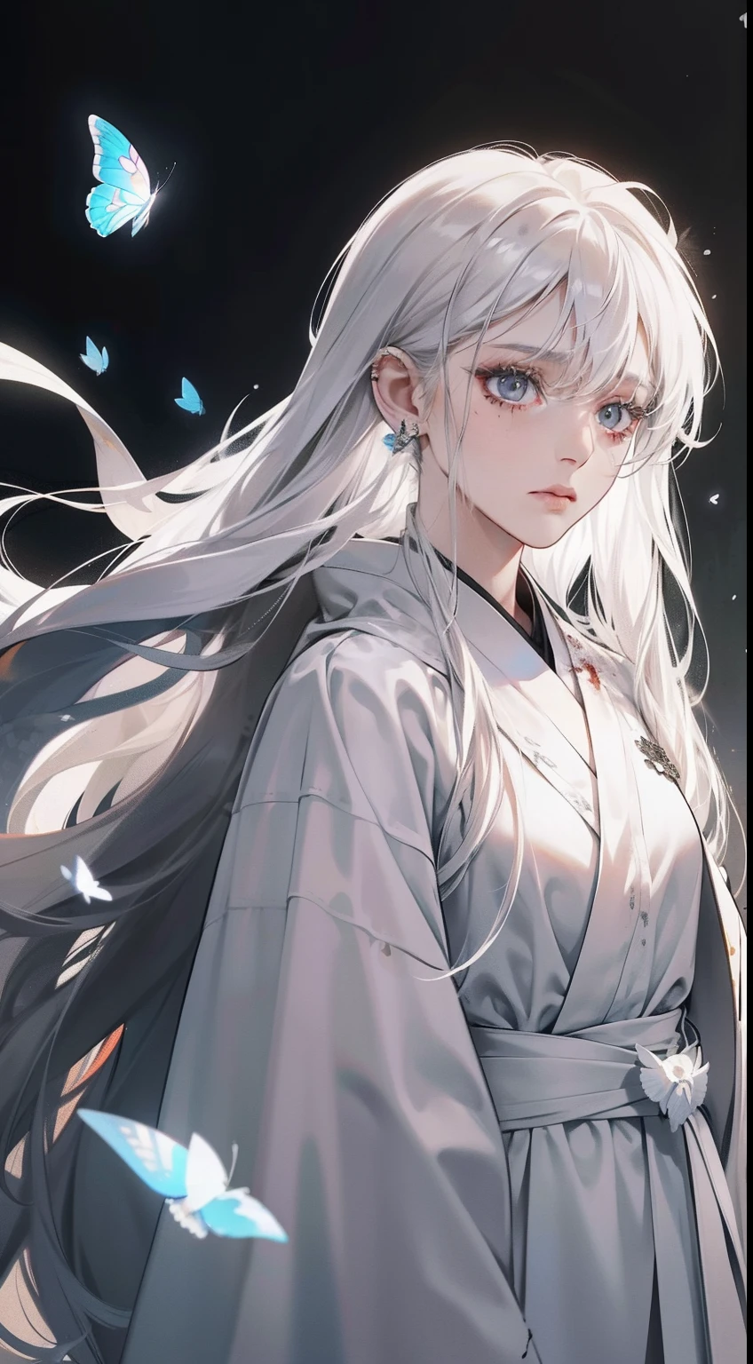 Girl with long white hair,Gray-black eyes,There are tear tracks on the face,The expression is silent,Wearing a crisp white robe,Surrounded by white butterflies,Her body was pierced by a long sword,Blood splatter,The background is a dark city