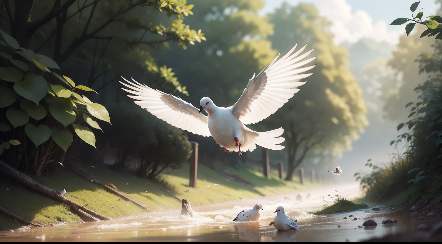 A Dove quickly arrive in ant hill,ant hill in flood,