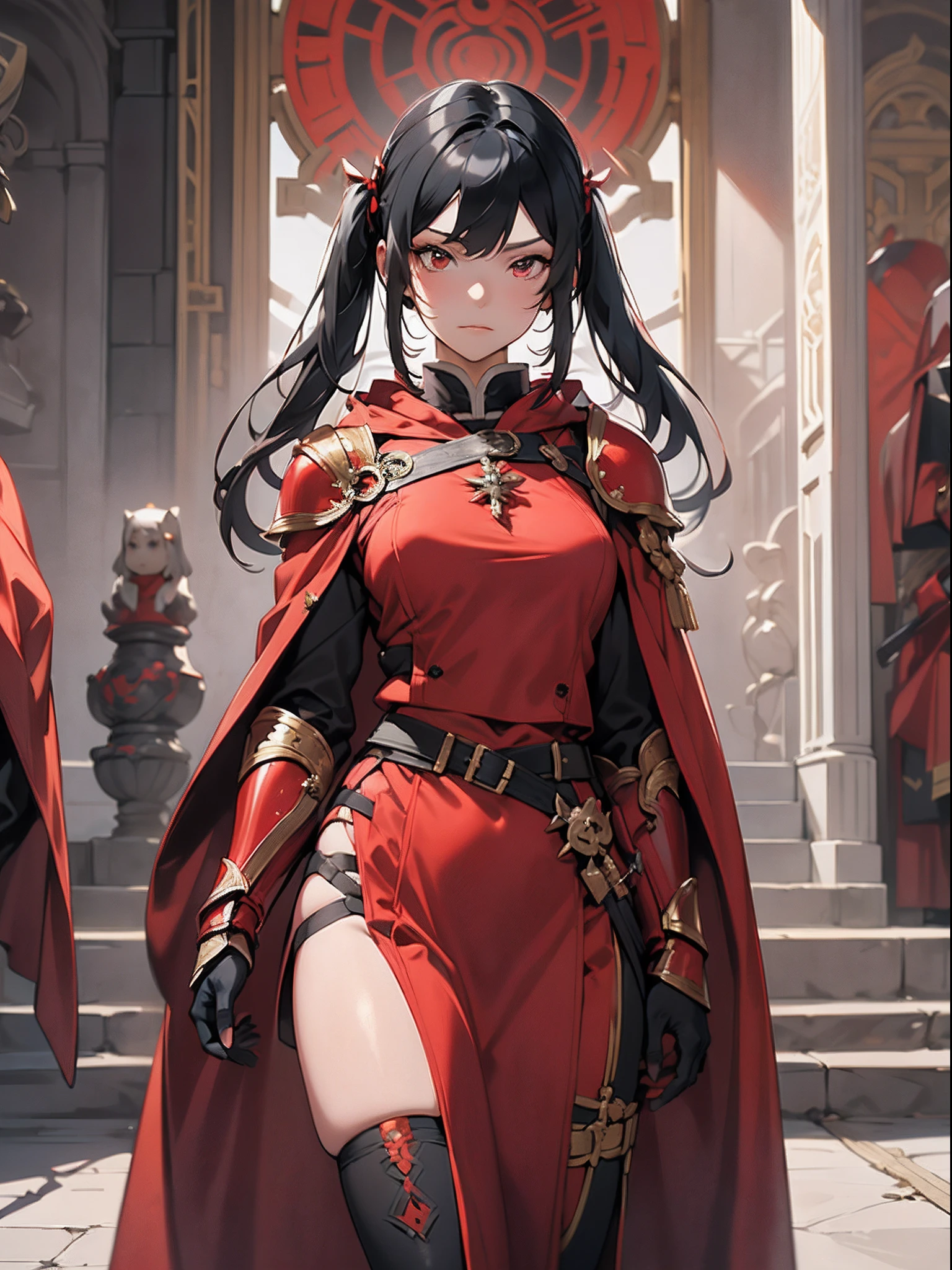 Fantasy,1girl in,beautiful a girl,((Black hair long twin tails)),((onmyouji)),((suikan)),armor,(Red cloak with gilded decoration),(((Red Gauntlet))),(((Red gloves)))