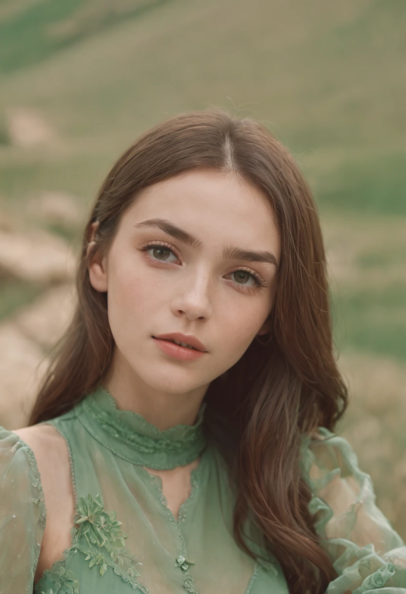 120mm photograph medium format film photography Kodak portra young, Russian Girl, 22yo, green tight outfit, tall woman, beauty. Background Cappadocia, Joyful, Emphasisers, Muted Colours, Hasselblad