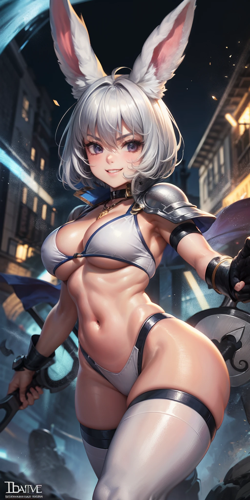 (white bunny ears),(lilac eyes),(silver buikini armor),(naive smile),(short hair),(((female character))),(day),(holding a battle axe),( tanned skin tone),(silver hair),(Beautiful face 8k),(ground),(viewers),(lit environment),(particles in the air),((speed)), hand-drawn anime style, dynamic, full body, animation quality, anime icon, looking at camera from face, 8k, full length, best background, masterpiece, awesome titles, ultra HD, insane title, perfect hands --auto --s2