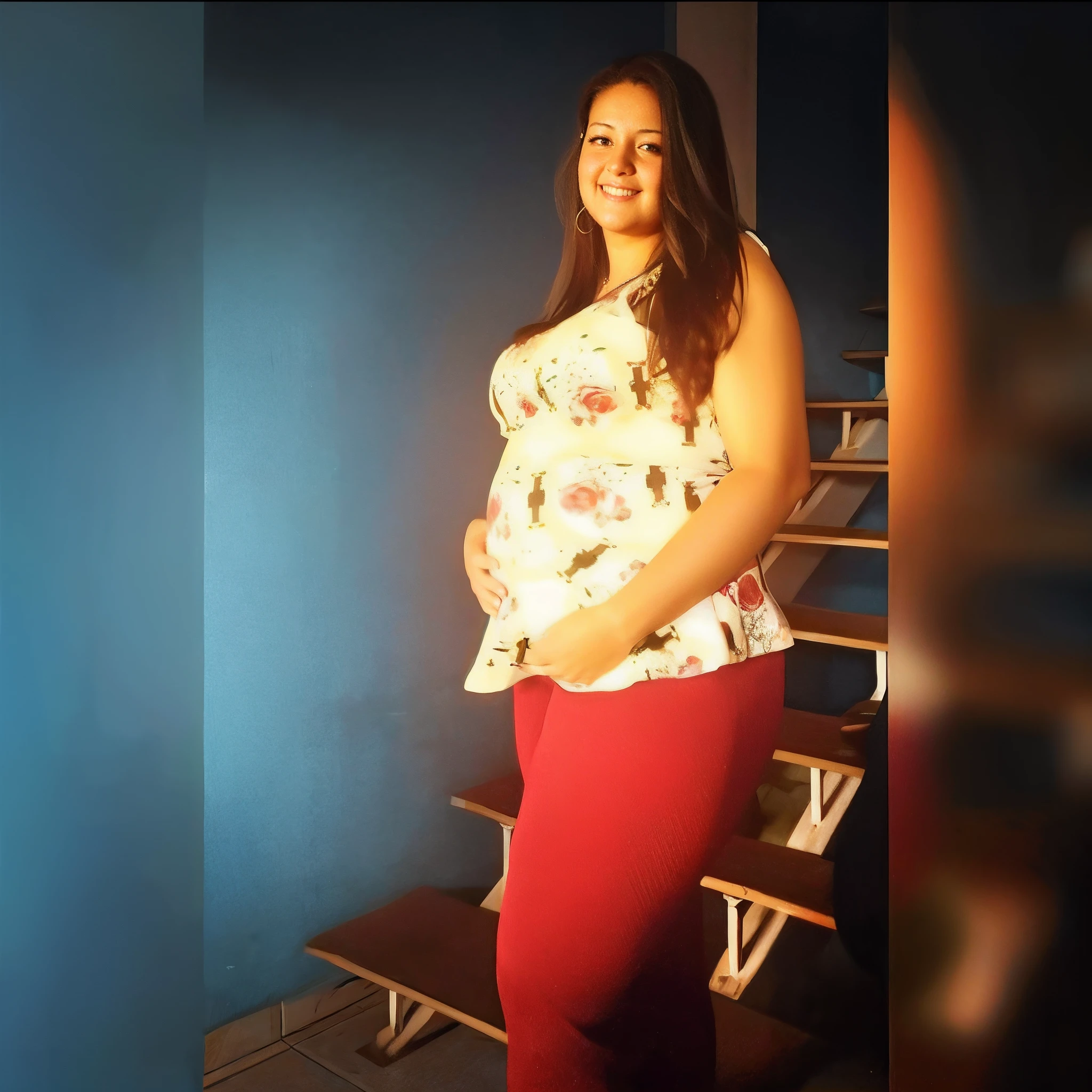 Pregnant woman in red pants and floral top posing for a photo, her belly is fat and round, ela tem uma barriga redonda gorda e agitada, pregnant belly, pregnant, 3 5 year brazilian mother, ela tem cerca de 3 0 anos, ela tem cerca de 30 anos, Mulher de 30 anos de Cuba, barriga saltitante, barriga grande