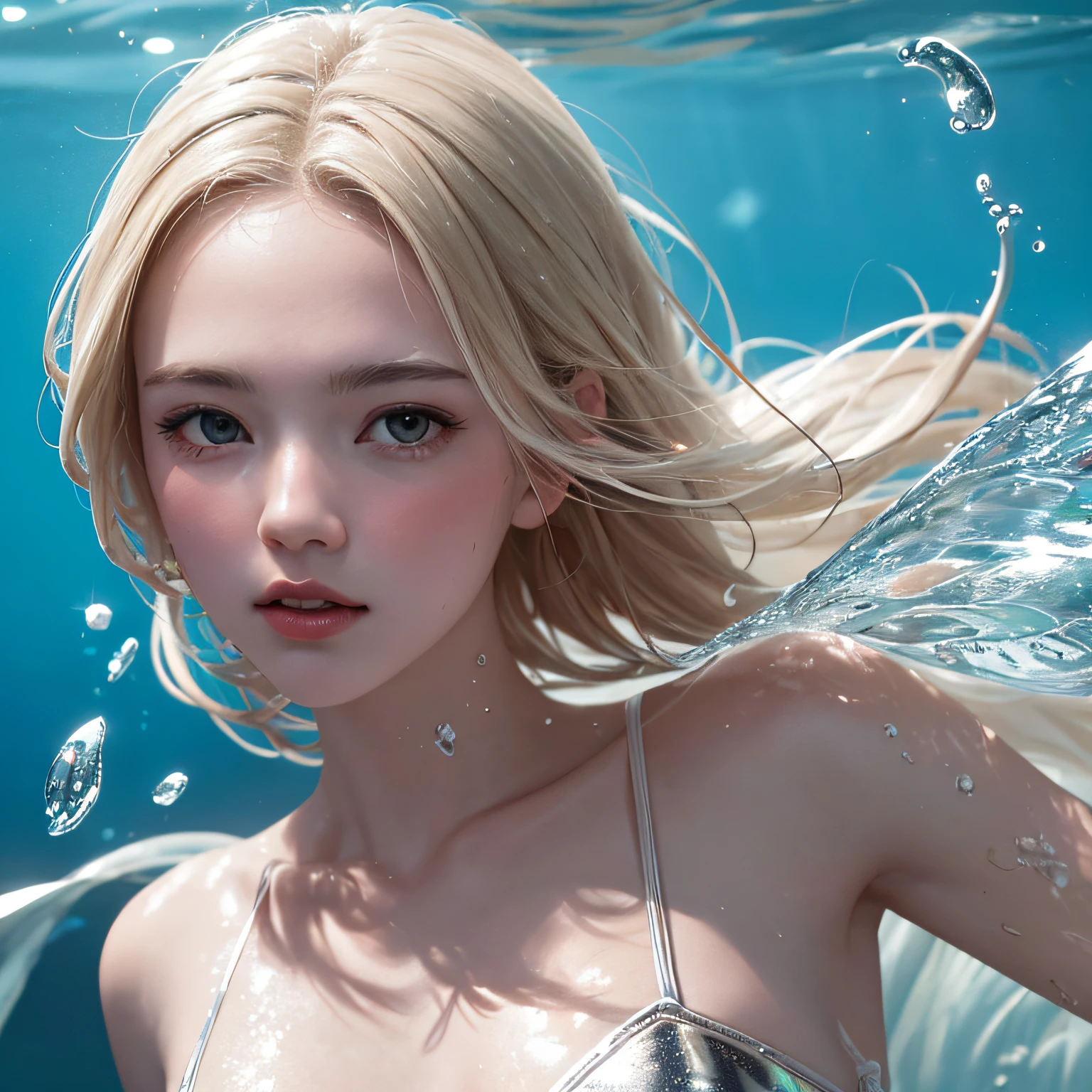 (in 8K, RAW Photos, of the highest quality, Masterpieces: 1.2), (Realistic, Photorealistic: 1.37), Highest Quality, Ultra High Resolution, light leaks, Dynamic lighting, Slim and smooth skin, (Full body:0.8), (Soft Saturation: 1.6), (Fair skin: 1.2), (Glossy skin: 1.1), Oiled skin, 18 years old, In the deep sea, a large amount of foam, Swimming, Sparkling white blonde, Deep sea, Many ice blocks, Ice Sparkle, Diamond Dust, freeze, Ice Dragon,