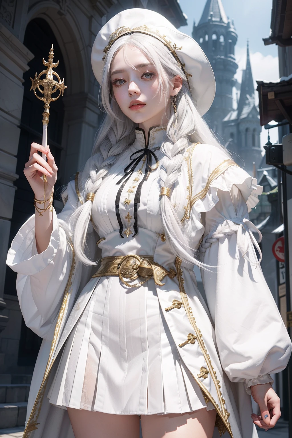 (Tabletop: 1.3), (Maximum resolution: 1.2), (Ultra HD TV: 1.2), Cinema Lighting, 8k resolution, detailed eyes and skin, Exquisitely designed facial features, (Sharp focus: 1.2), (Focus on the face: 1.2), Perfect Style, The white mask has slitted eyes.、A noble gold line flows on the neat hood.。Tall, slender and slim、Both hands are pressed reverently against the chest.。More than 30 fingers join together in prayer。Narrow waist and wide hem、Bone Skirt(crinoline)、I don't show my legs、A plate with neat decorative letters is hung on the forehead by a gold chain.。
