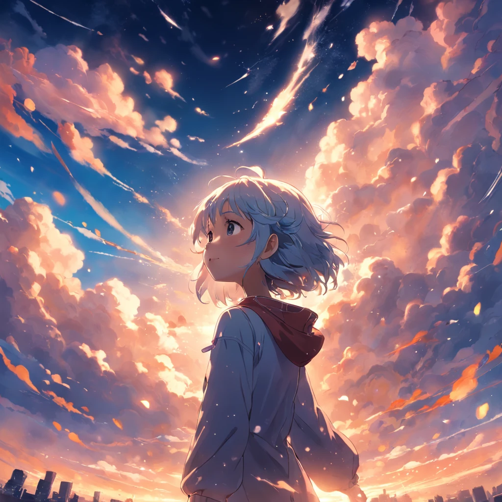 Masterpiece, Best Quality, Movie Stills, 1girl, Cloud Boy, Floating in the Sky, Close-up, Bright, Happy, Warm Soft Lights, Sunset, (Sparkle: 0.7)