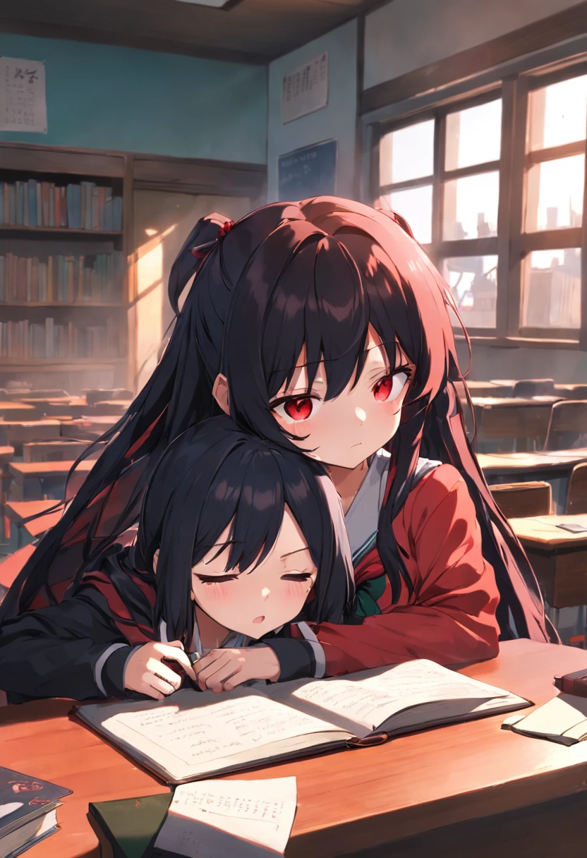 Long black and red hair of anime girl in class，Climbed on the table and fell asleep，At the same table is an anime boy with short black hair，Two high school students had a stack of books in front of them to prevent the teacher，The sun is shining outside the window,Position by the window