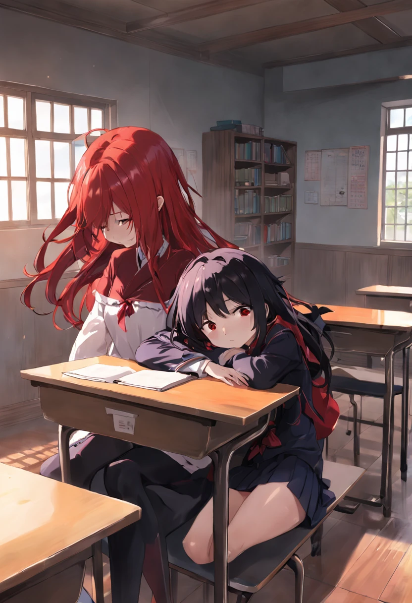 Long black and red hair of anime girl in class，Climbed on the table and fell asleep，At the same table is an anime boy with short black hair，Two high school students had a stack of books in front of them to prevent the teacher，The sun is shining outside the window,Position by the window