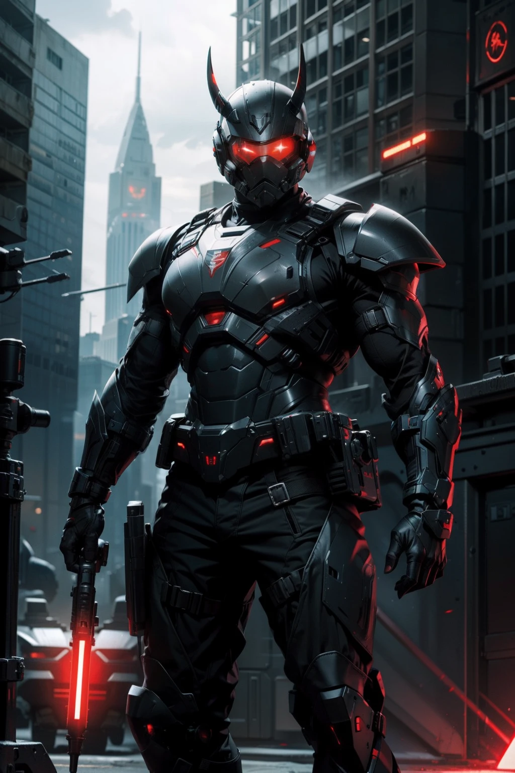 1 man, muscular male Sci-fi soldier, black armor, streamline design, horns on visor, red lights, glowing visor, giant sci-fi gun