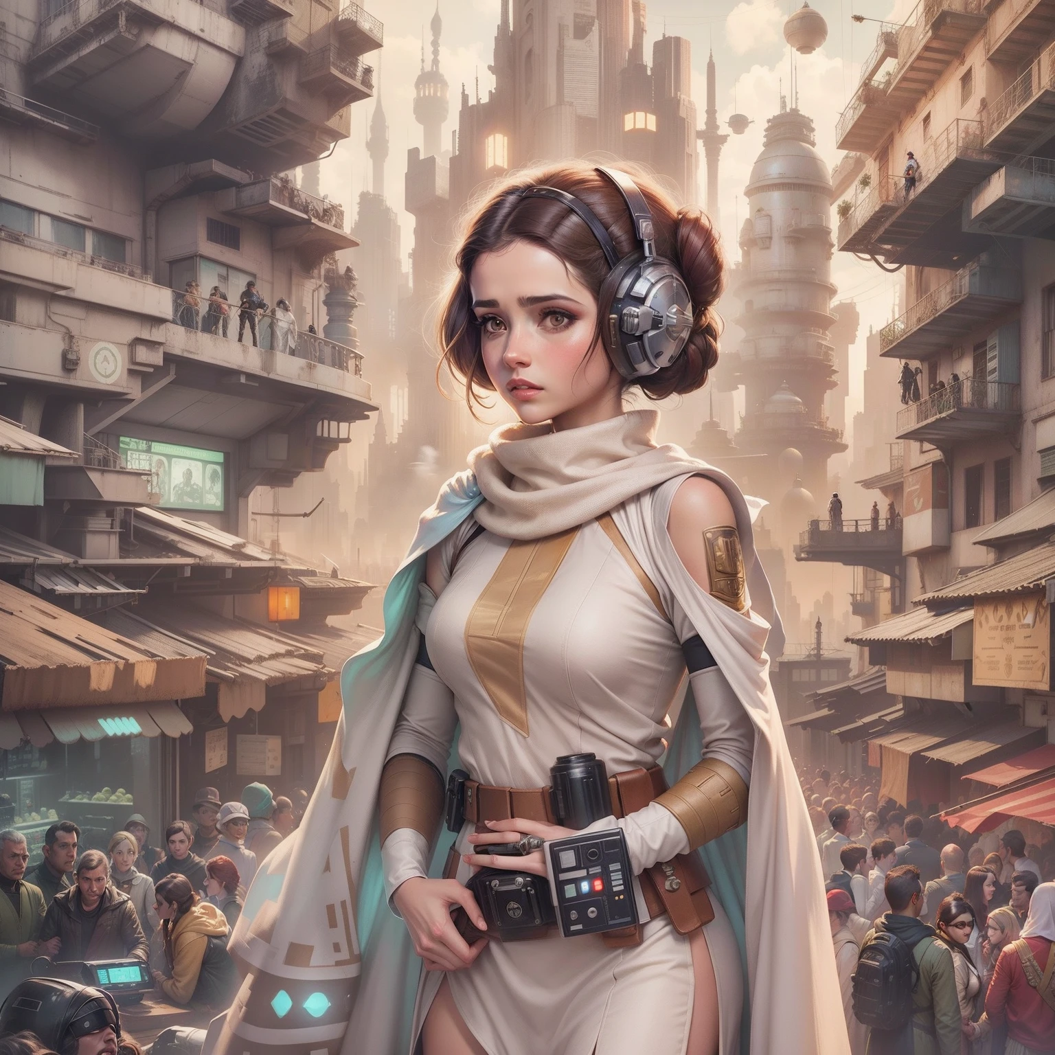 In comic style, Princesa Leia e sua escolta imperial, Passeio pelas ruas das cidades de Coruscant, with lots of technological buildings, e seus navios voadores,Com toda a atmosfera e estilo Star Wars.