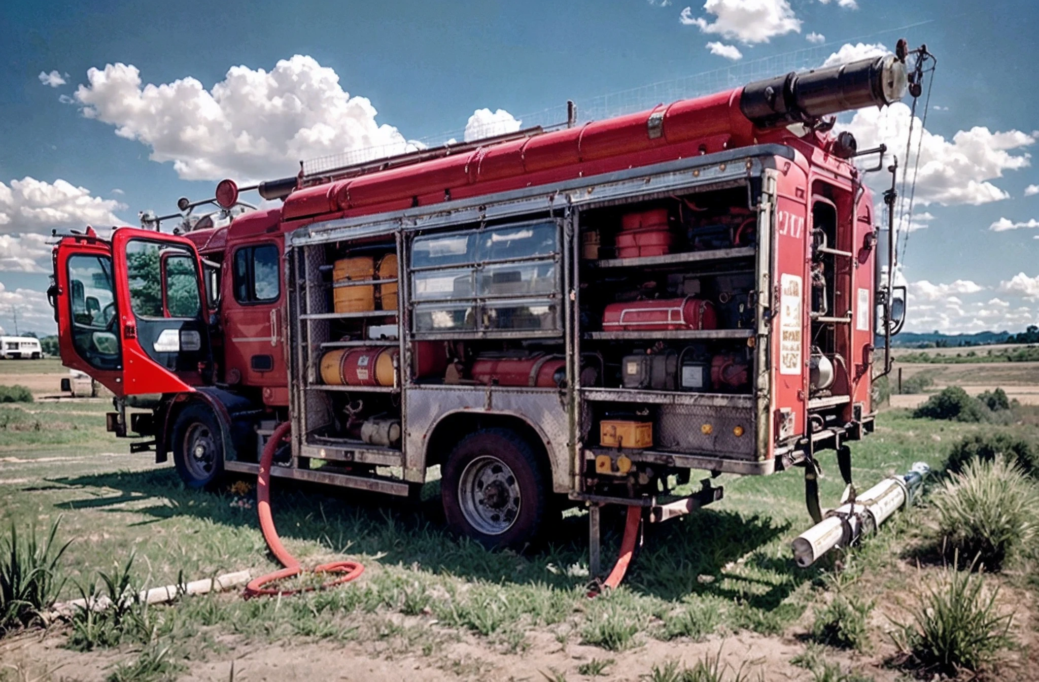 there is a red fire truck parked in the grass with a hose, firefighting gear, truck, photo - shot, shot on iphone, profile shot, edited, playing with a small firetruck, photograph 3 5 mm, instagram post, side shot, album photo, photo taken from far away, taken on an iphone, by Scott Samuel Summers, instagram photo