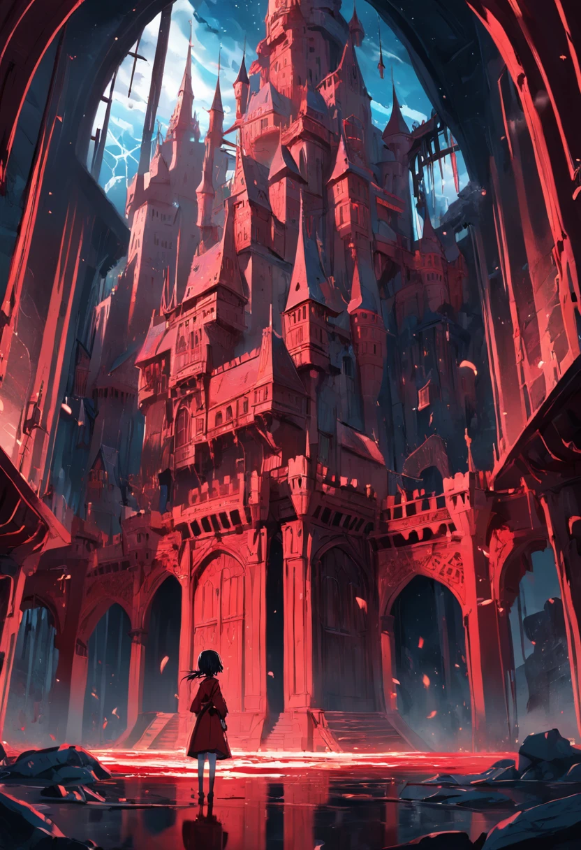 Red lines,Magnificent castle,fictional,unreality,structure,No characters,scenecy,Inherently enchanted