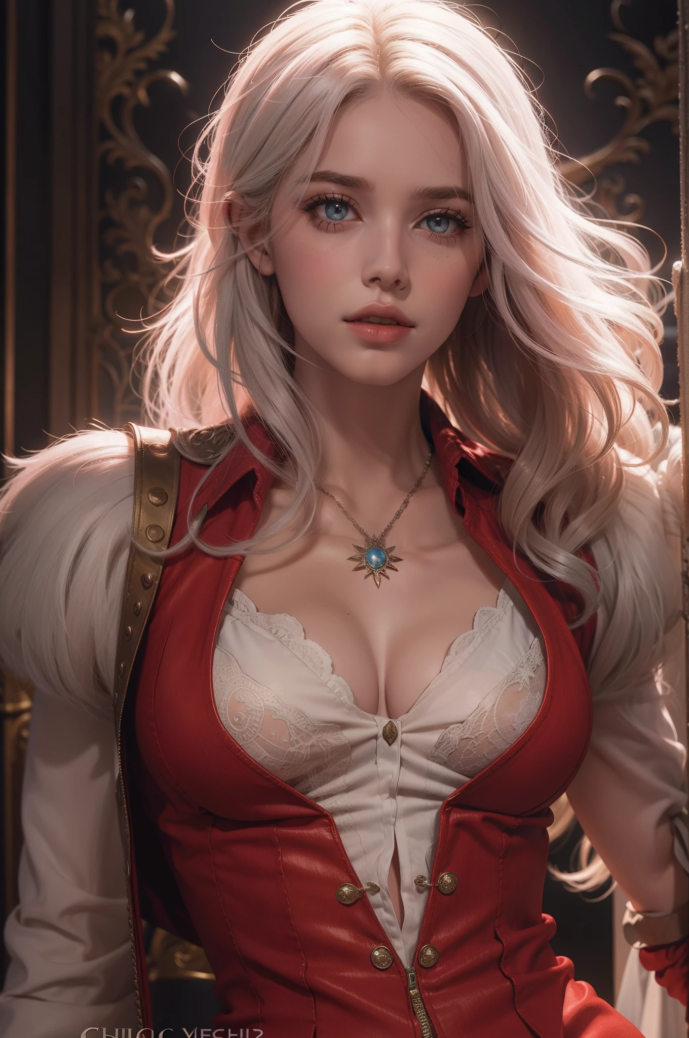 Mulher que lembra a Ciri de The Wicther, com longos cabelos brancos e olhos esverdeados brilhantes, she's wearing a red suit, seus cabelos chicoteando seu rosto com o vento, ao fundo uma cena noturna