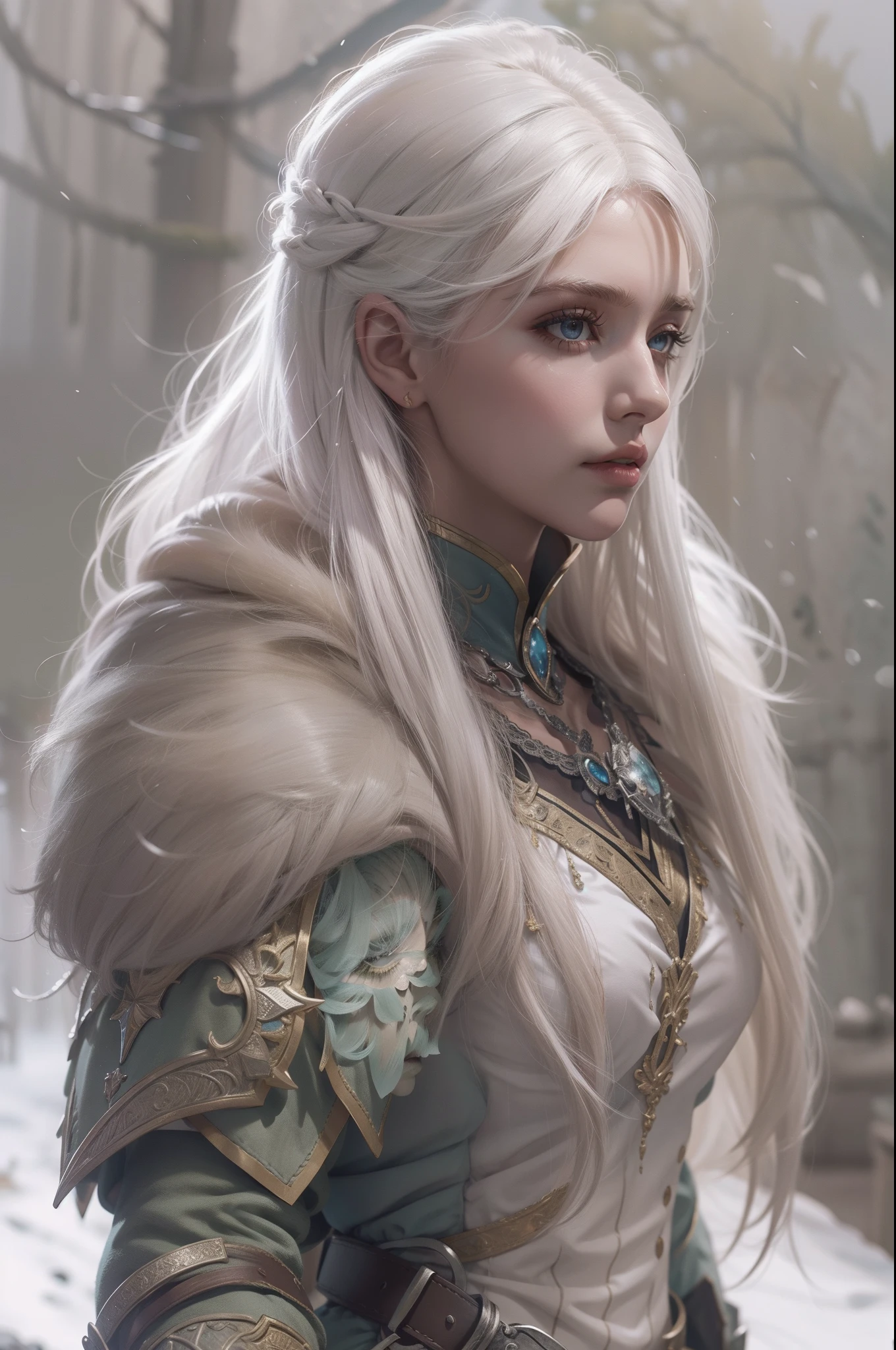 Mulher que lembra a Ciri de The Wicther, com longos cabelos brancos e olhos esverdeados brilhantes, vestindo uma armadura prateada, seus cabelos chicoteando seu rosto com o vento