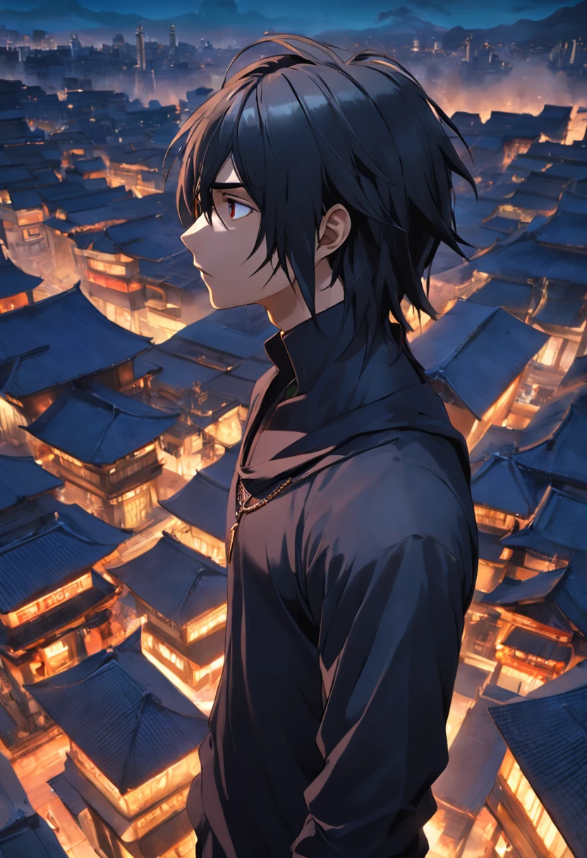 Ultra photo realsisim, boy,Flesh-colored skin, Athletic body, toned and straight hair,Serious male contemplative observer tienvite black shirt snugs snug to the body, The background is an ancient city in Egypt
