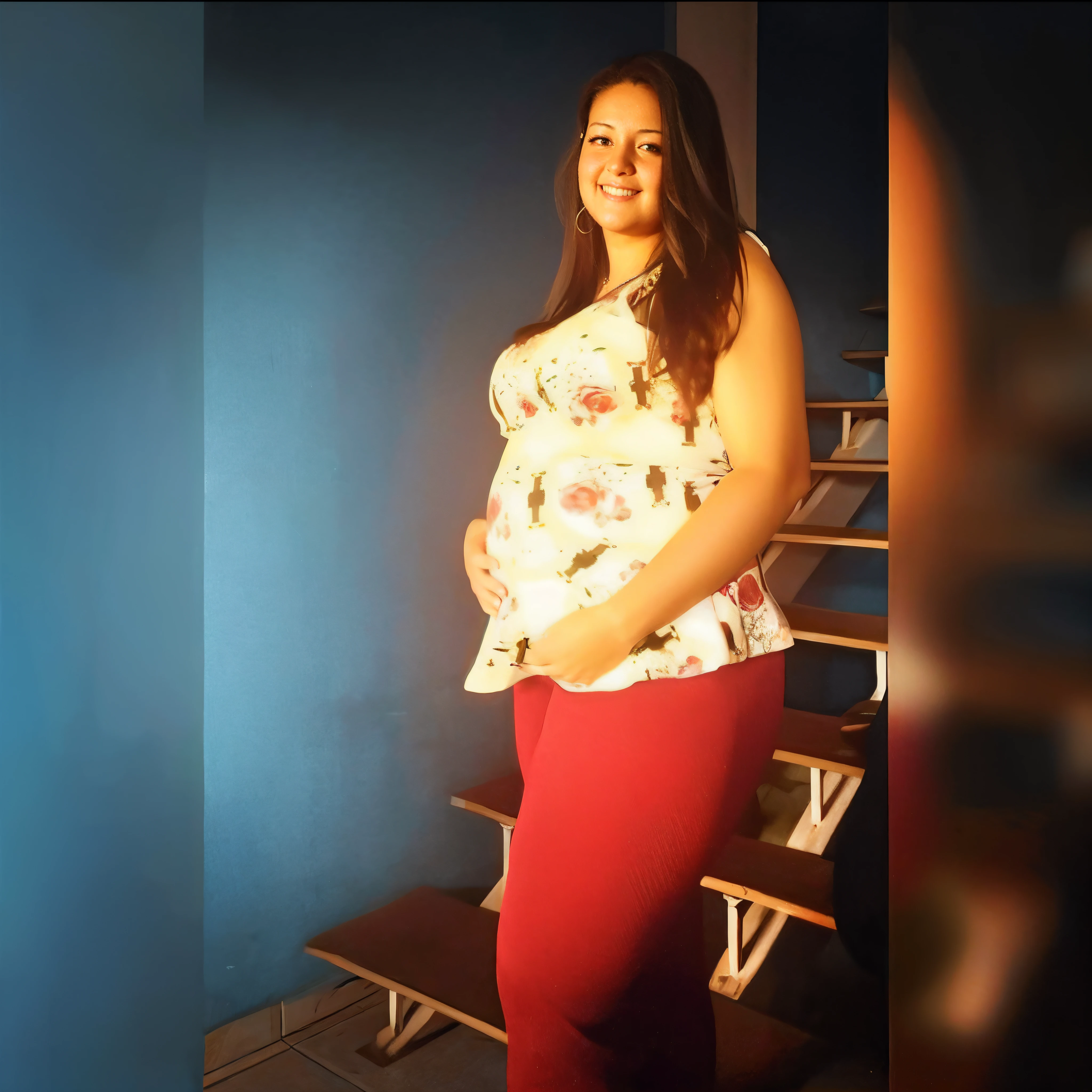 Pregnant woman in red pants and floral top posing for a photo, her belly is fat and round, ela tem uma barriga redonda gorda e agitada, pregnant belly, pregnant, 3 5 year brazilian mother, ela tem cerca de 3 0 anos, ela tem cerca de 30 anos, Mulher de 30 anos de Cuba, barriga saltitante, barriga grande