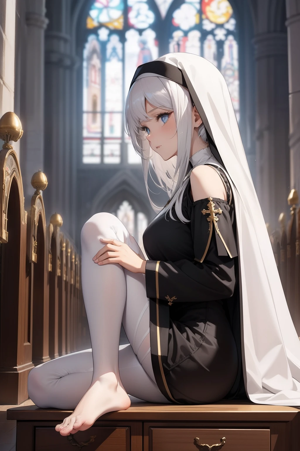 Best Quality, T Masterpiece, Ultimate Resolution, Fluff, Very Colorful, Multicolored, Silvery White Hair, Shoulder-length Side Pony, Semi-Short, Tattered Clothes, Mature Woman, Bra, Nun Dress, White Drawers , leggings, bare feet, perverts are exposed，Normal posture, gladiator sandals, Shanghai, cathedral, sanctuary，