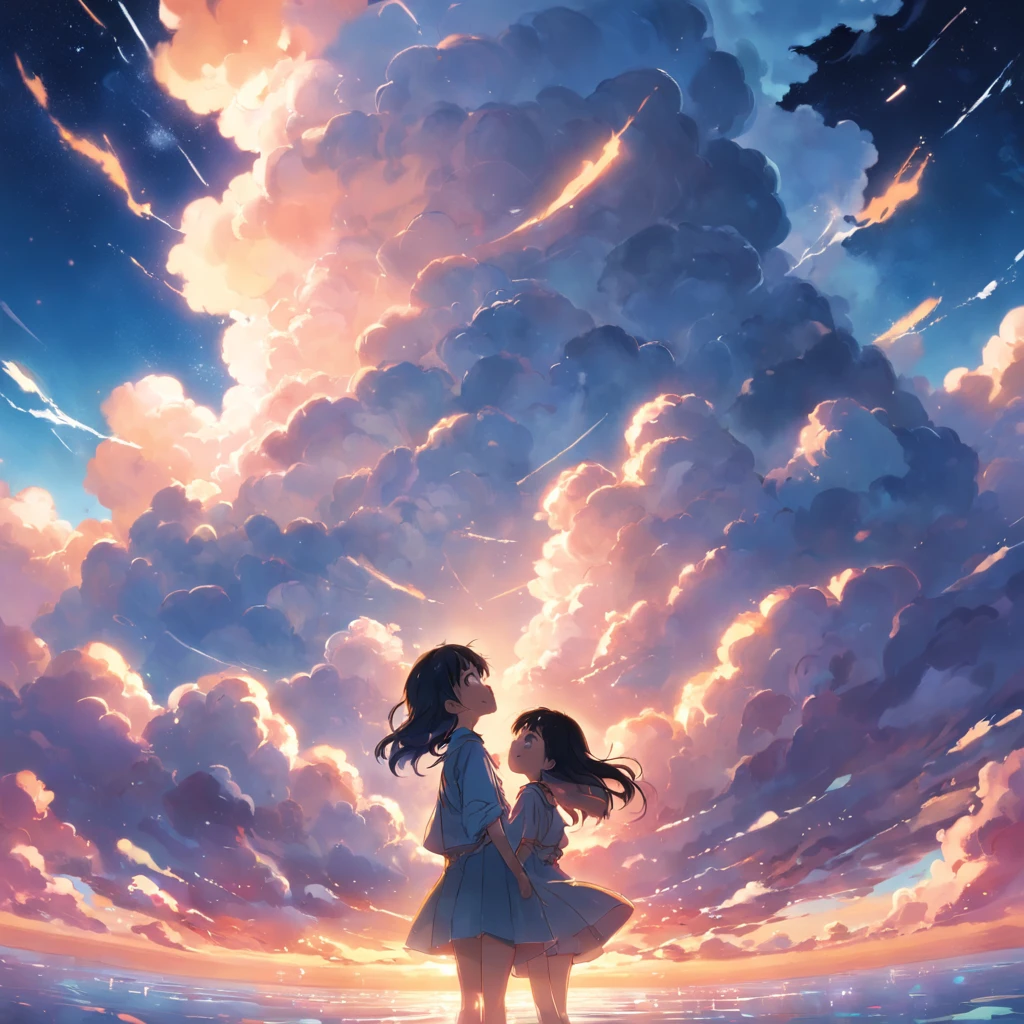 Masterpiece, Best Quality, Movie Stills, 1girl, Cloud Boy, Floating in the Sky, Close-up, Bright, Happy, Warm Soft Lights, Sunset, (Sparkle: 0.7)