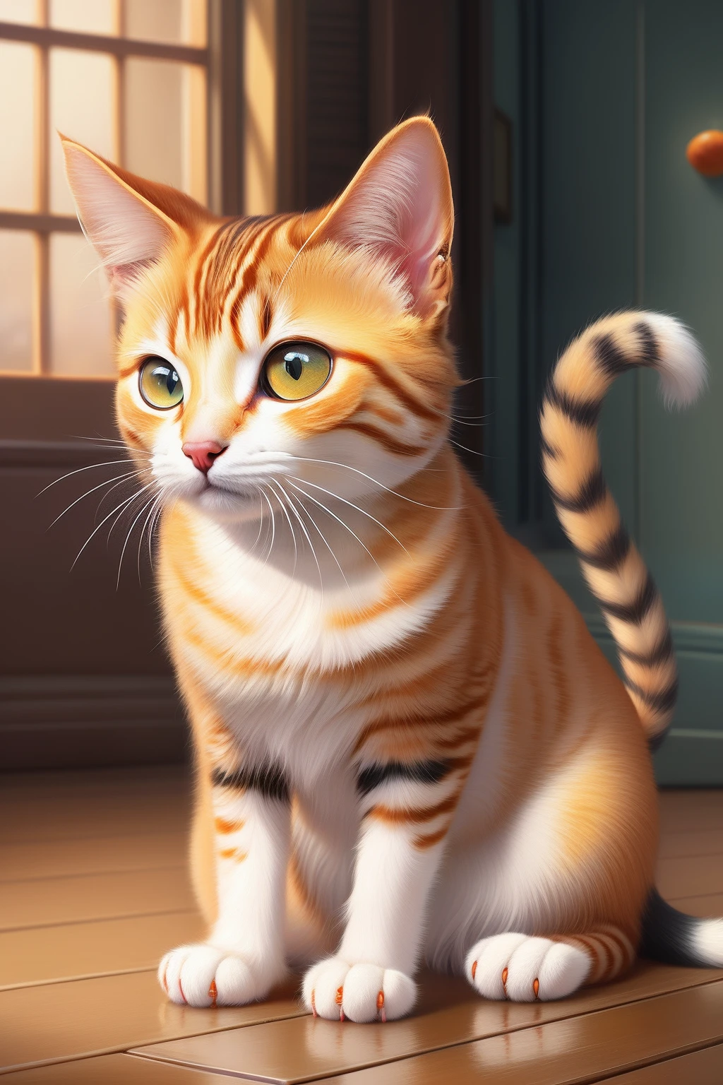 There is a cat of the white Persian breed with orange sitting on the floor facing in a room, painting digital adorable, pintura digital altamente detalhada, gato anime realista, arte digital detalhada bonito, pintura digital altamente detalhada, realistic illustration, altamente detalhado realista, pintura digital muito detalhada, ultra realistic illustration, Highly detailed illustration, pintura digital detalhada, realista altamente detalhado, visual anime de um gato bonito, Beautiful digital illustration, estilo disney