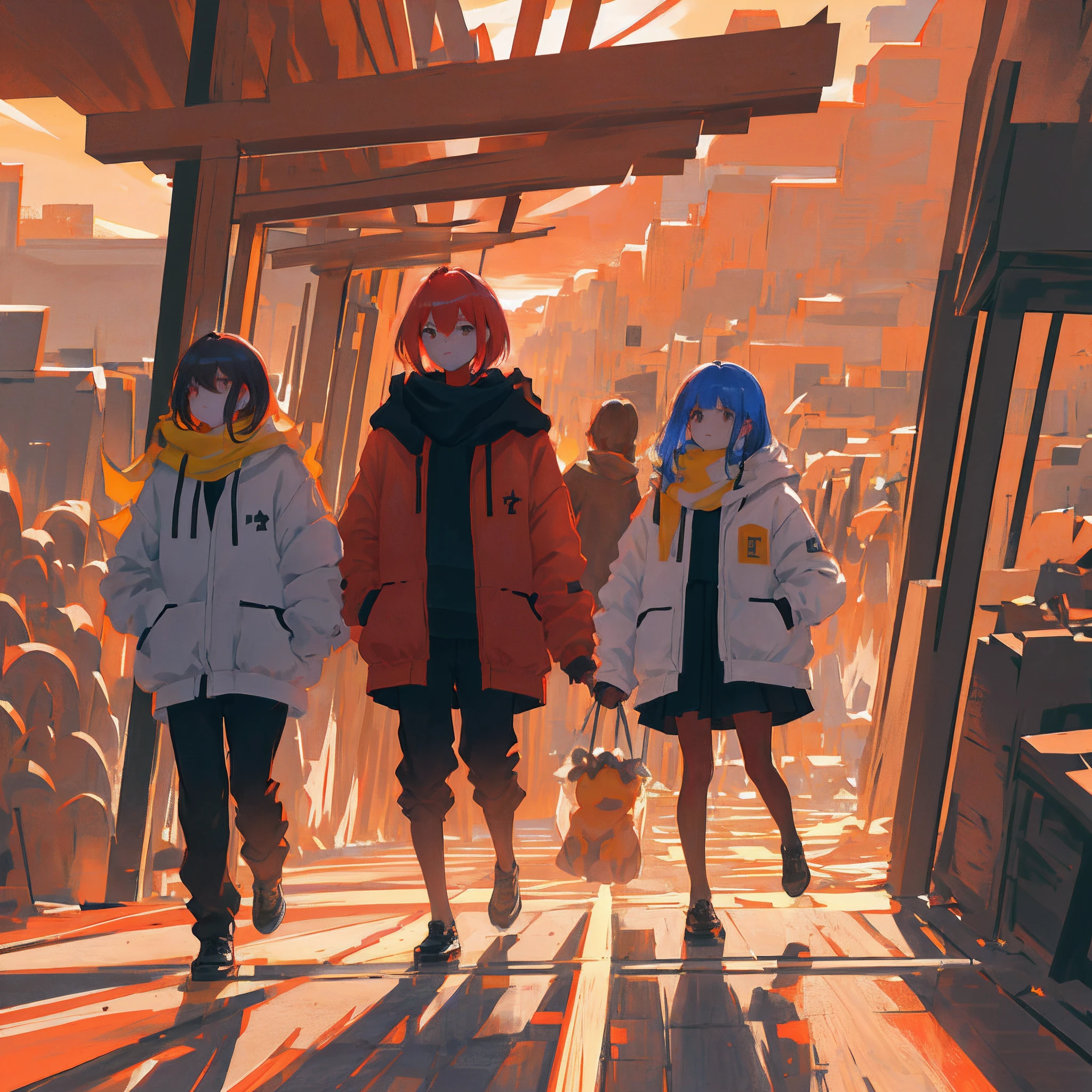 ((obra maestra, mejor calidad)), (ciudad), Angle Dynamic, soft warm lighting, ((8k, alto detalle, extremadamente detallado)), atardecer rojo, puesta de sol, (personas caminando)